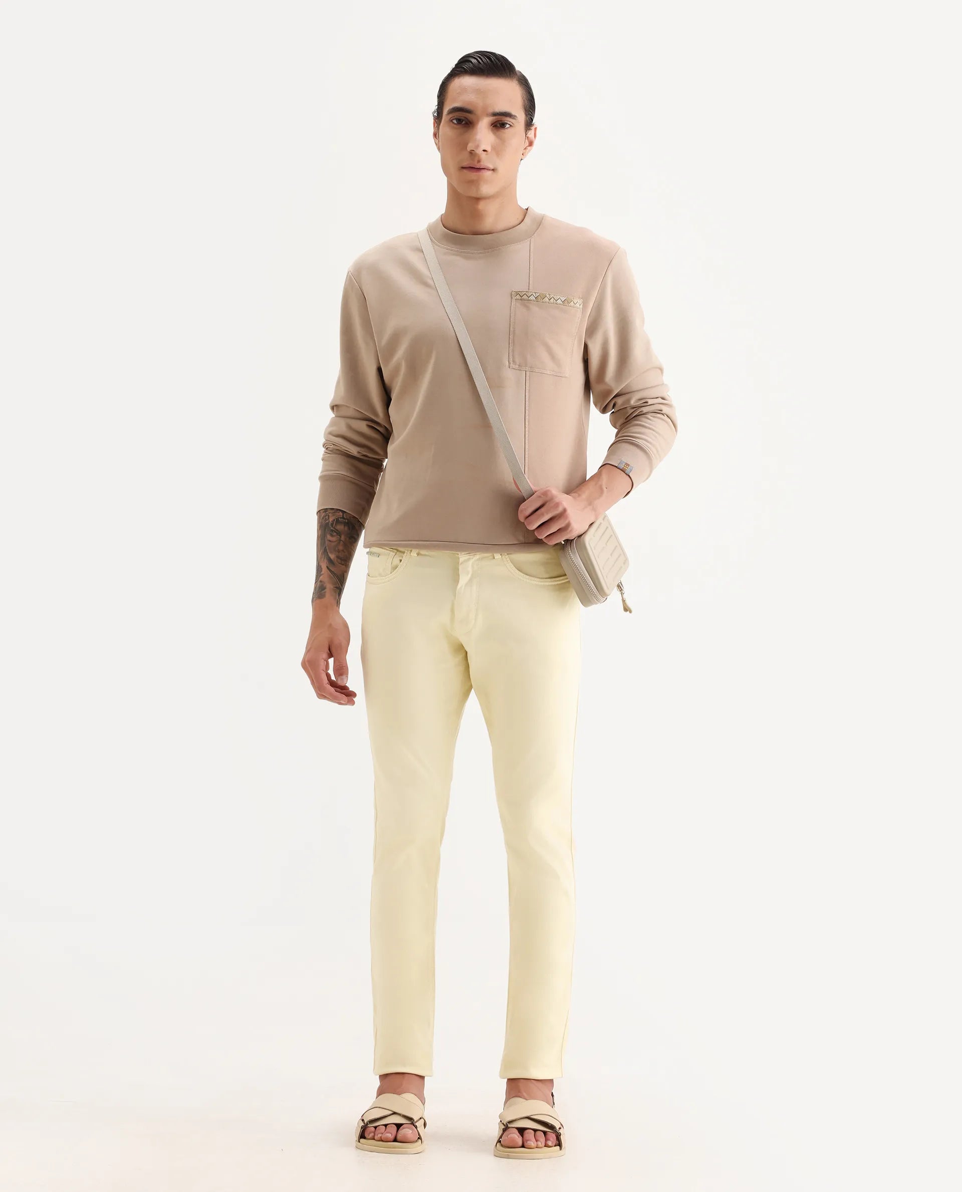 Rare Rabbit Men's Fiv5 Yellow Cotton Plain Slim Fit Trouser