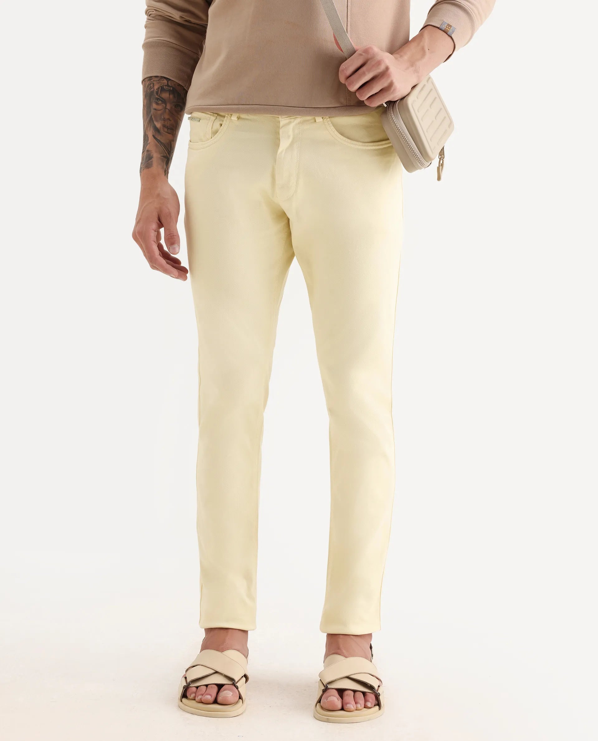 Rare Rabbit Men's Fiv5 Yellow Cotton Plain Slim Fit Trouser
