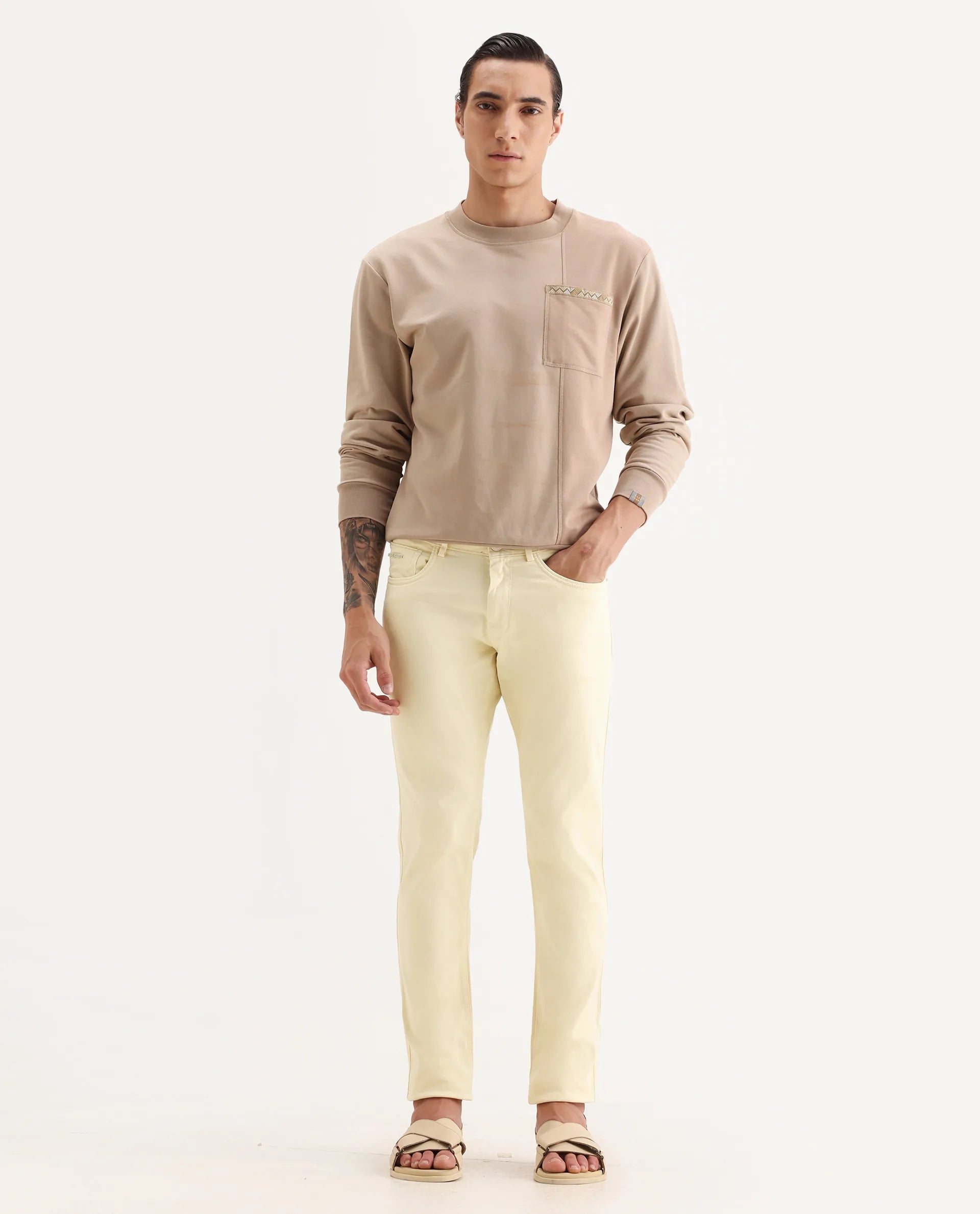 Rare Rabbit Men's Fiv5 Yellow Cotton Plain Slim Fit Trouser