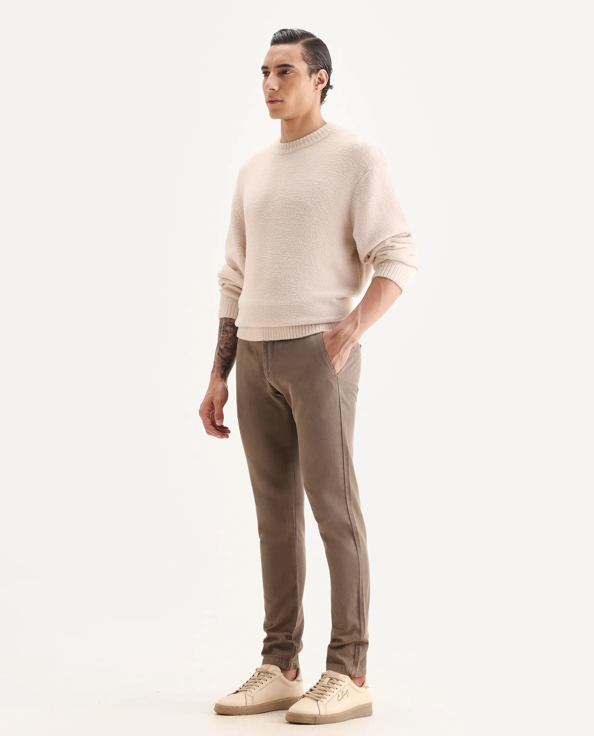 Rare Rabbit Men's Scotch Beige Cotton Plain Slim Fit Trouser
