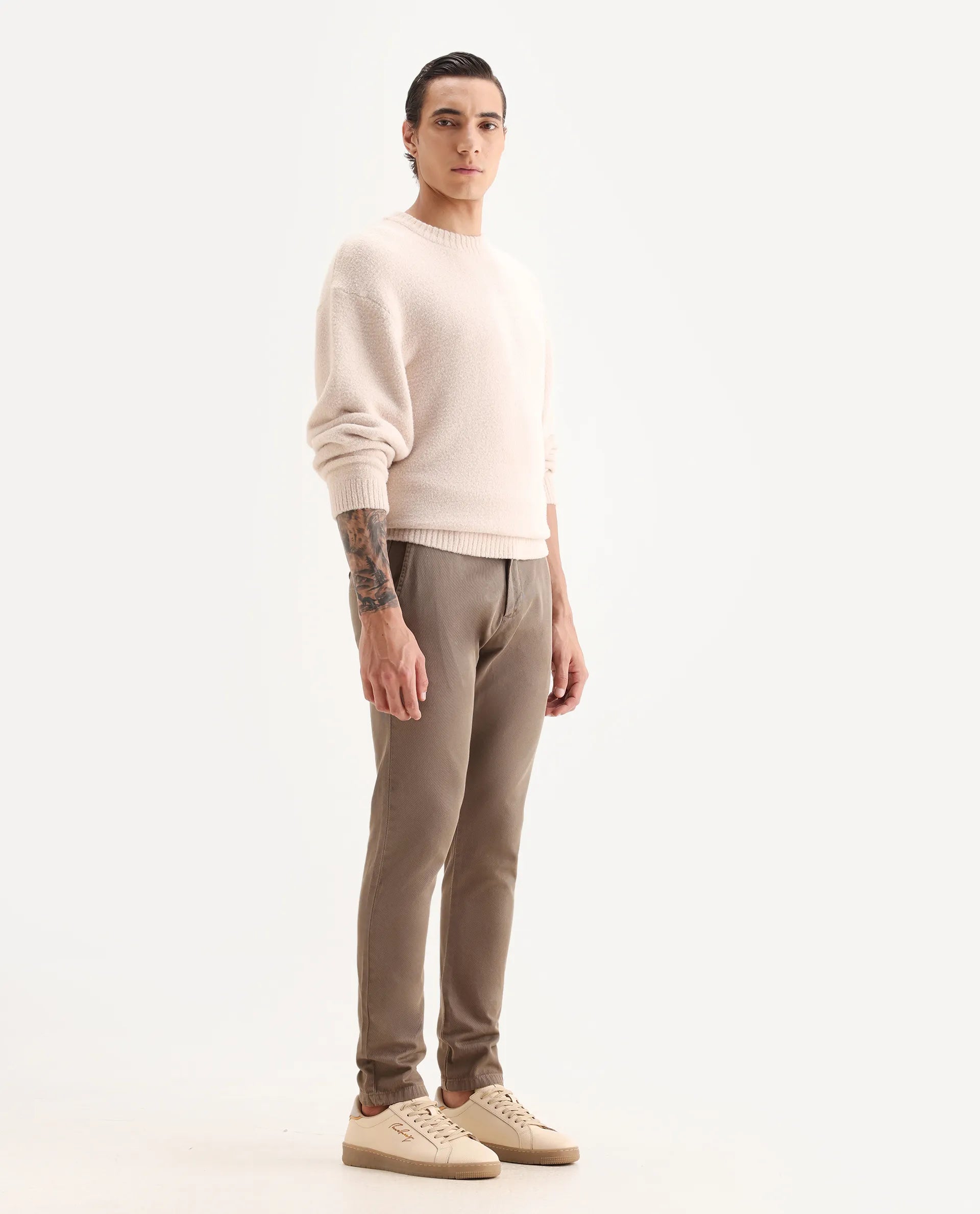 Rare Rabbit Men's Scotch Beige Cotton Plain Slim Fit Trouser