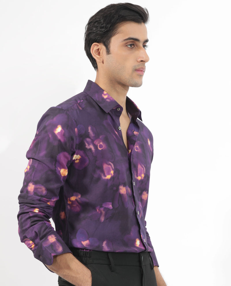 Rare Rabbit Men's Flage Purple Viscose Fabric Full Sleeves Floral Print Shirt