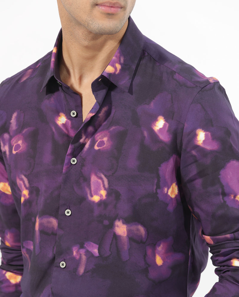 Rare Rabbit Men's Flage Purple Viscose Fabric Full Sleeves Floral Print Shirt