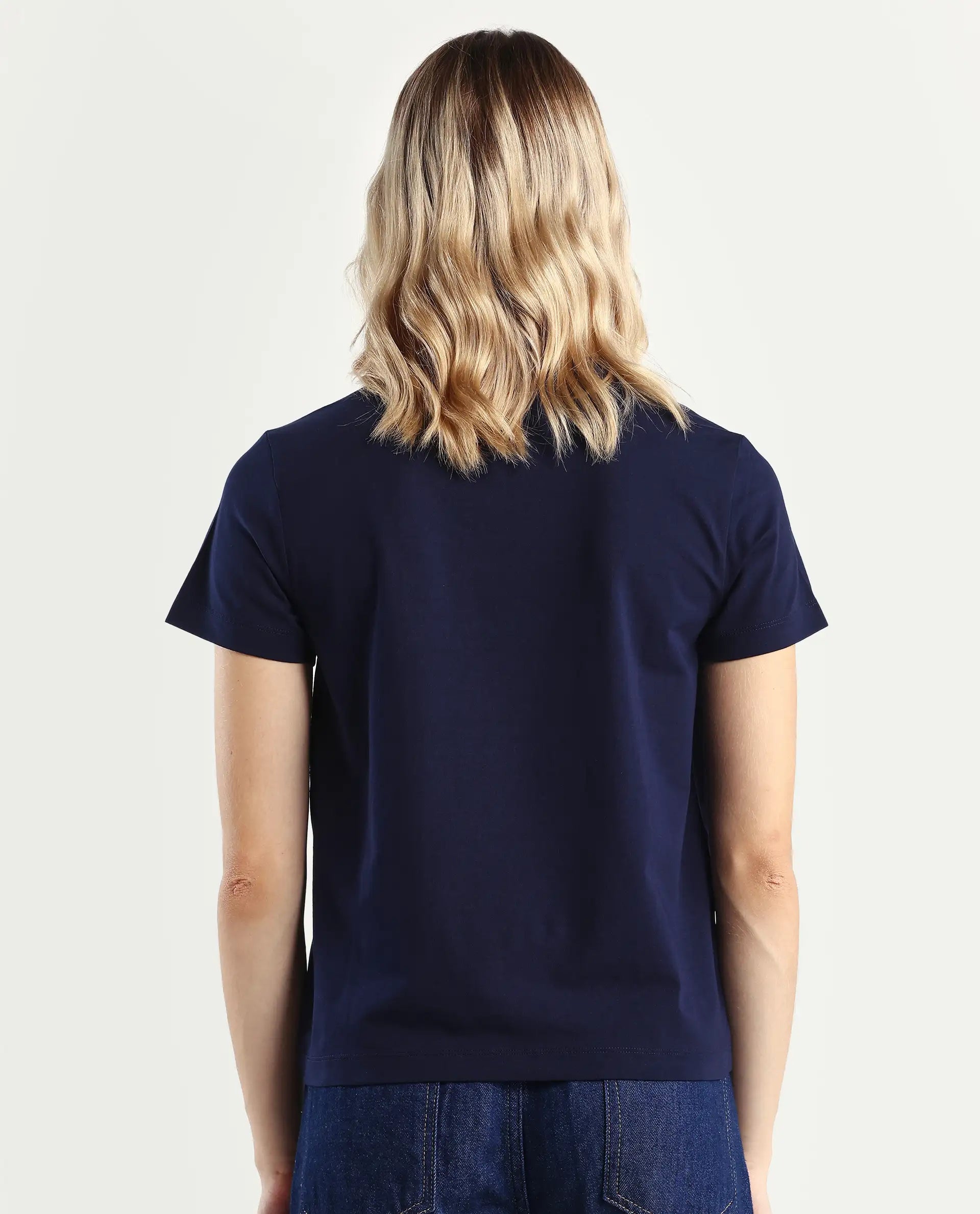 Rareism Women's Flank Dark Navy Cotton Blend Crew Neck Graphic Print Regular Fit T-Shirt