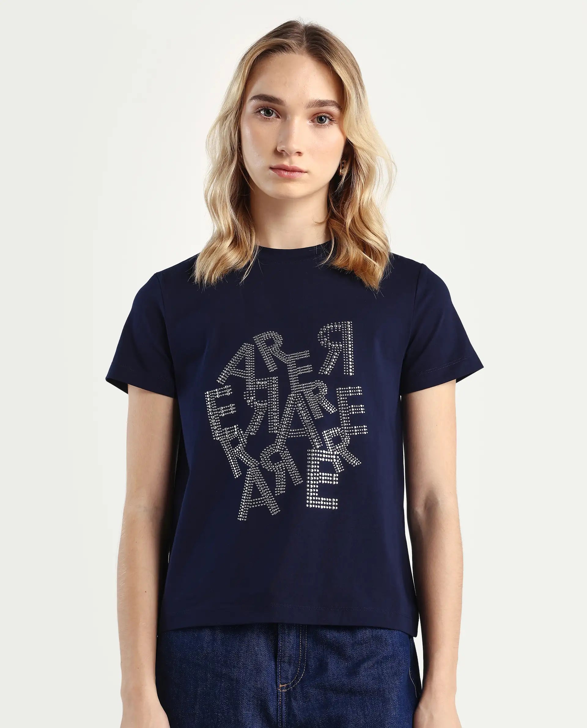 Rareism Women's Flank Dark Navy Cotton Blend Crew Neck Graphic Print Regular Fit T-Shirt