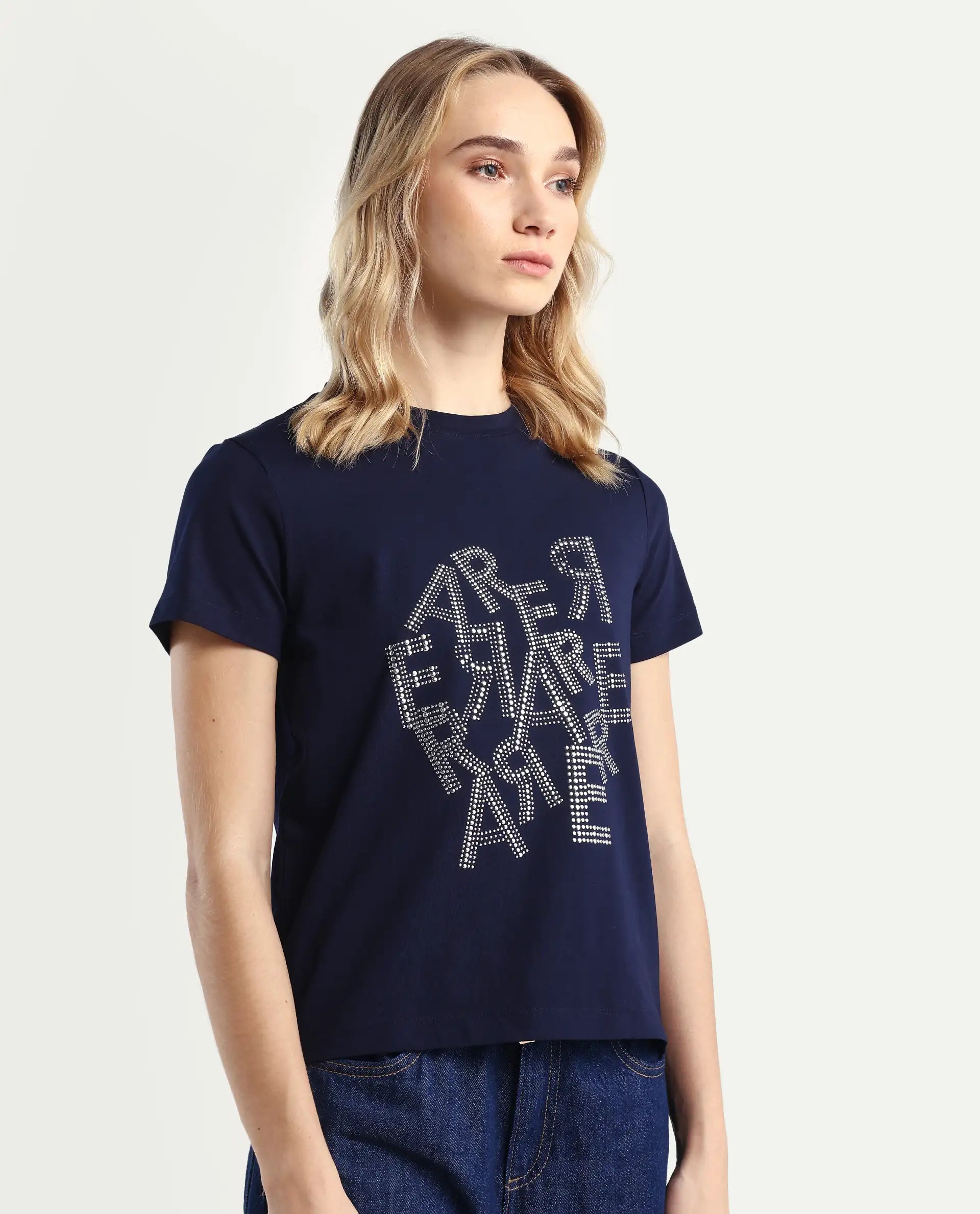 Rareism Women's Flank Dark Navy Cotton Blend Crew Neck Graphic Print Regular Fit T-Shirt