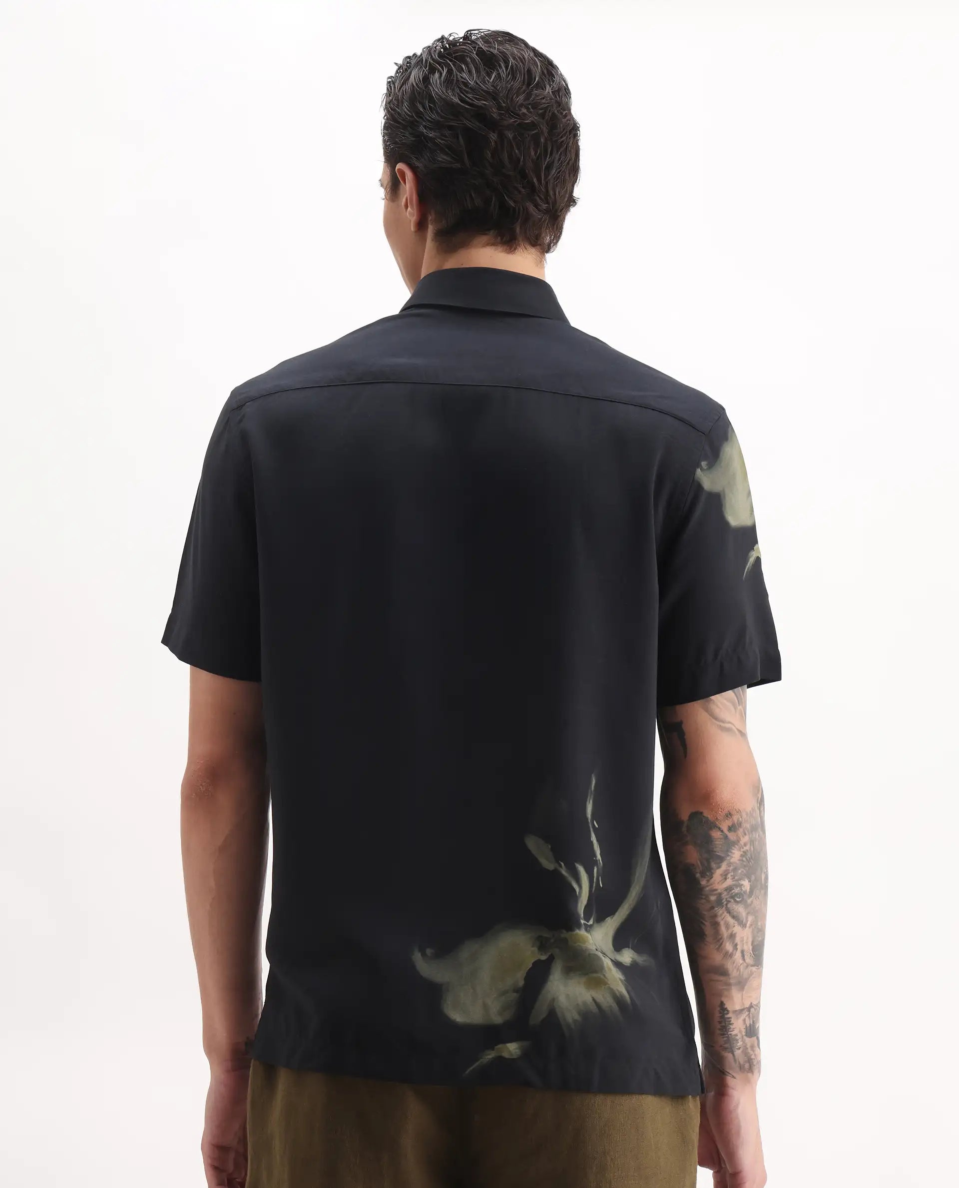 Rare Rabbit Men's Flara Black Viscose Floral Print Regular Fit Half Sleeve Collared Shirt