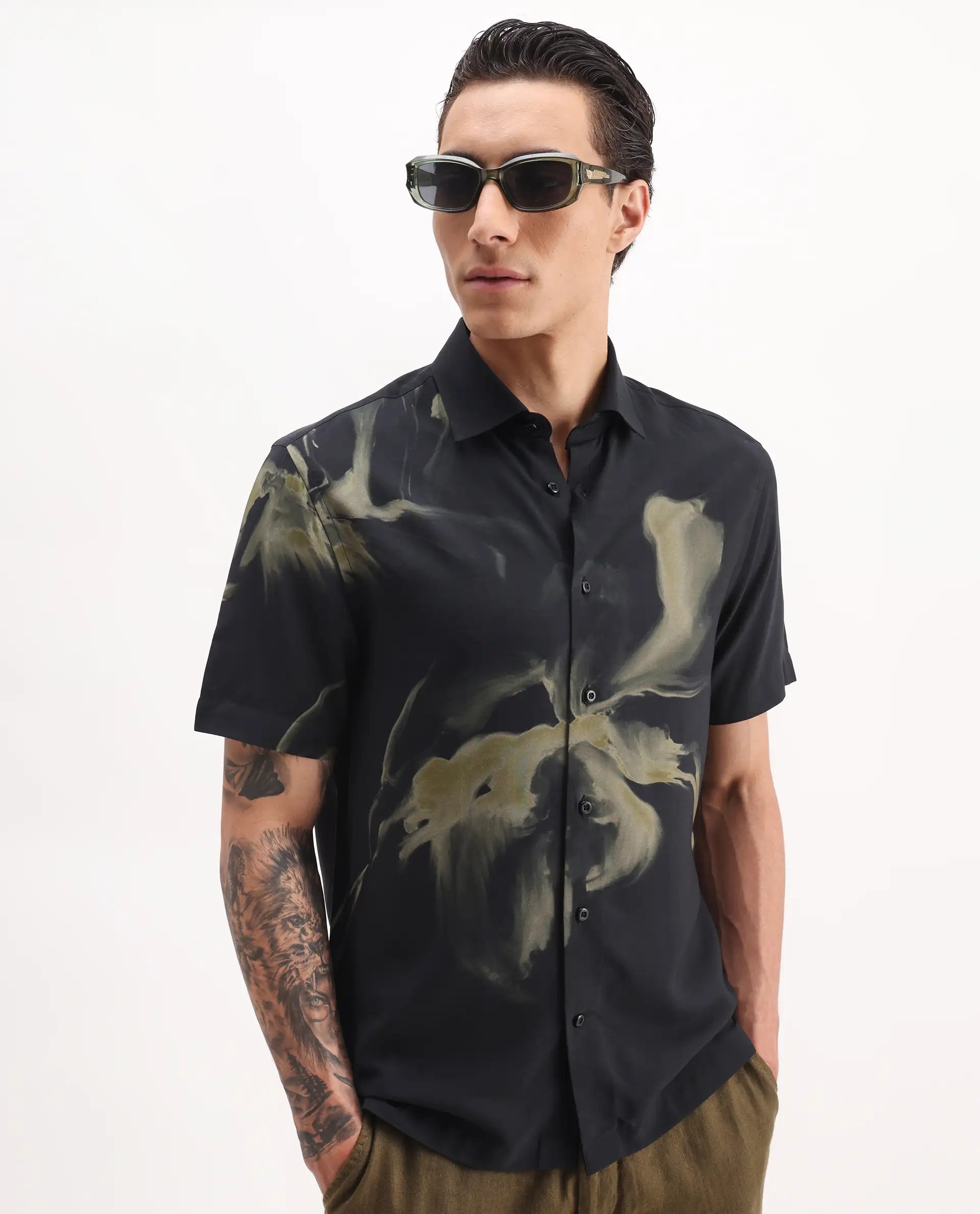 Rare Rabbit Men's Flara Black Viscose Floral Print Regular Fit Half Sleeve Collared Shirt