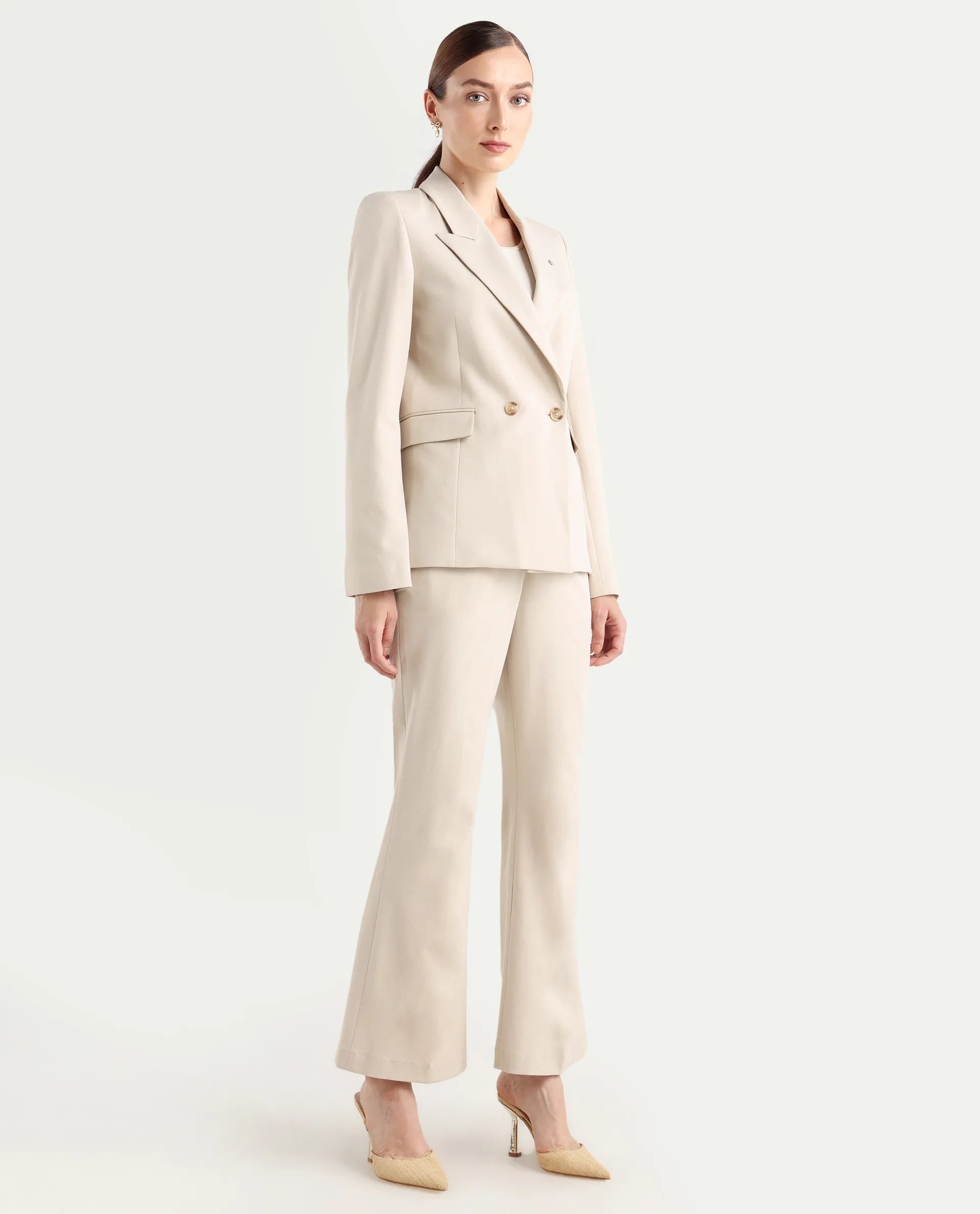Rareism Women's Flare Beige Polyester Blend Bootcut Ankle Length Plain Travel Trouser