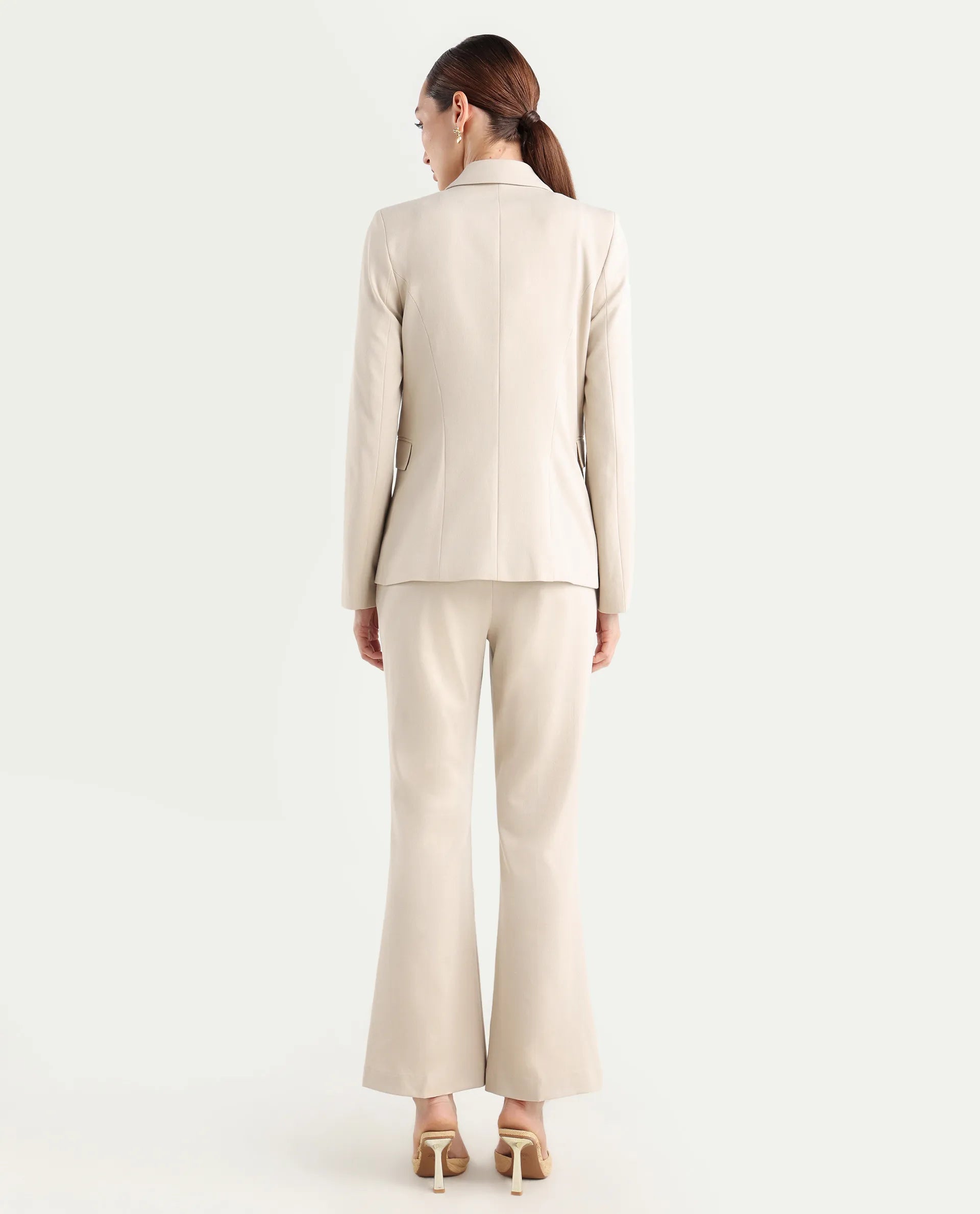 Rareism Women's Flare Beige Polyester Blend Bootcut Ankle Length Plain Travel Trouser