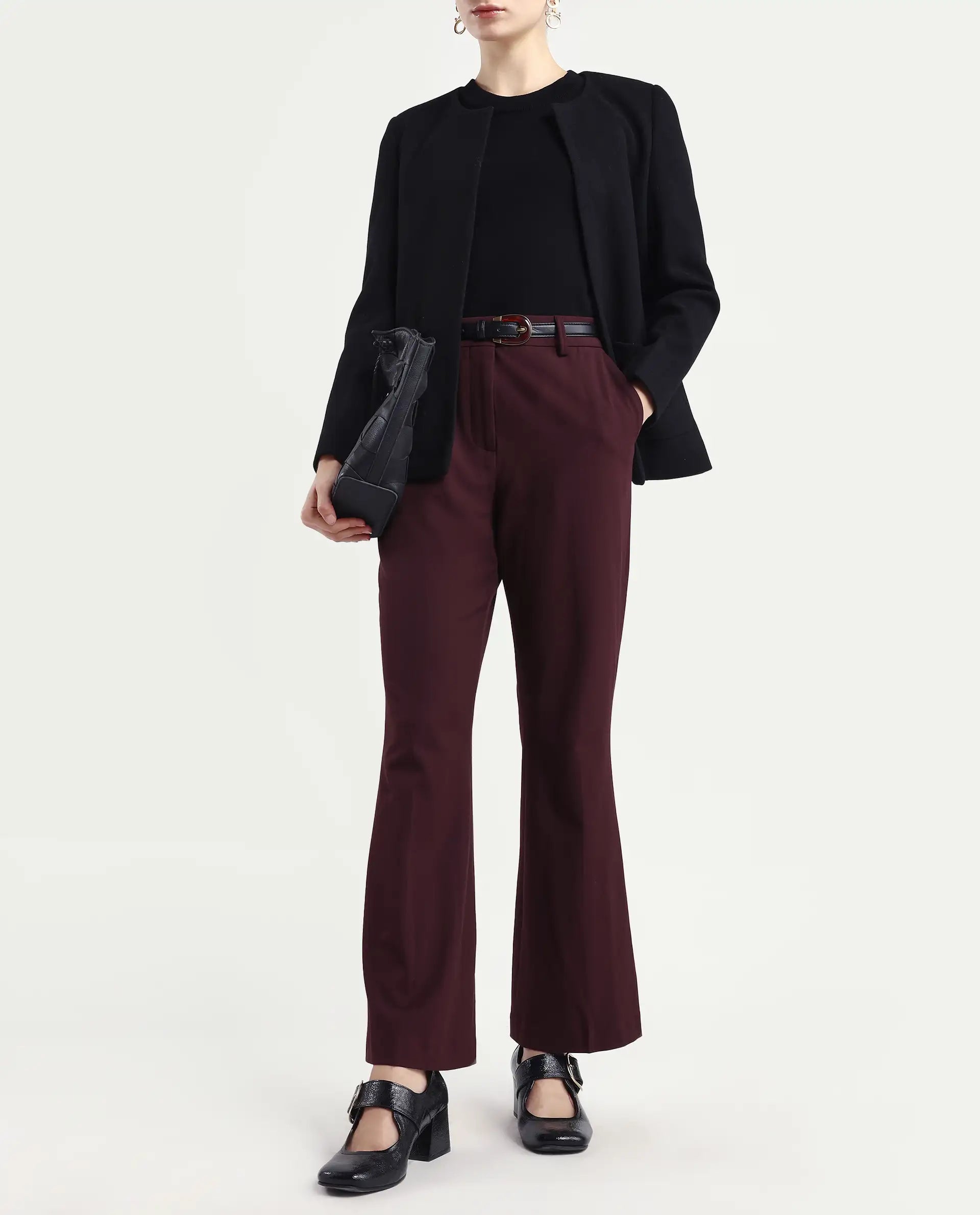 Rareism Women's Flare Deep Red Polyester Blend Bootcut Ankle Length Plain Travel Trouser