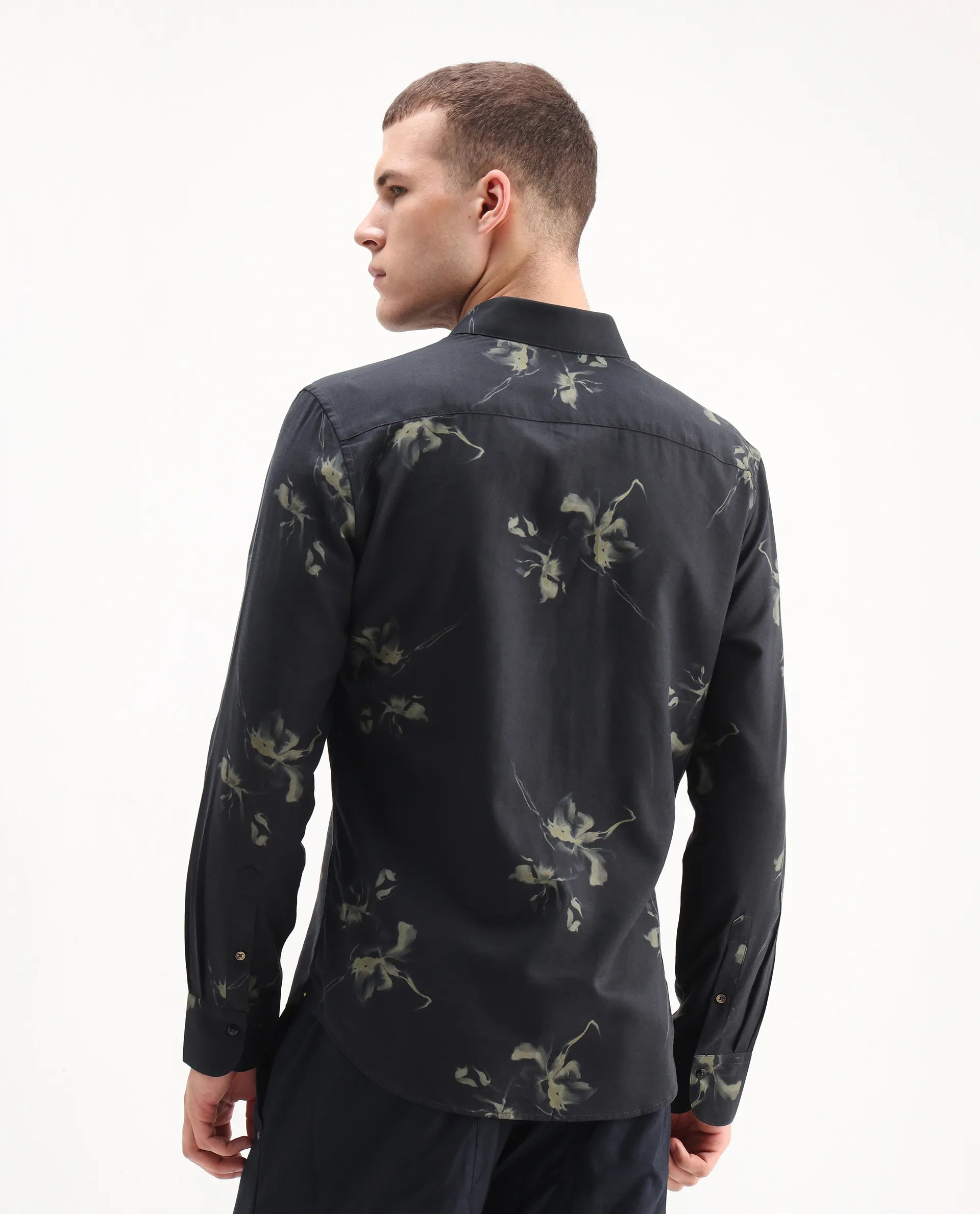 Rare Rabbit Men's Flaro Black Viscose Floral Print Regular Fit Full Sleeve Collared Shirt