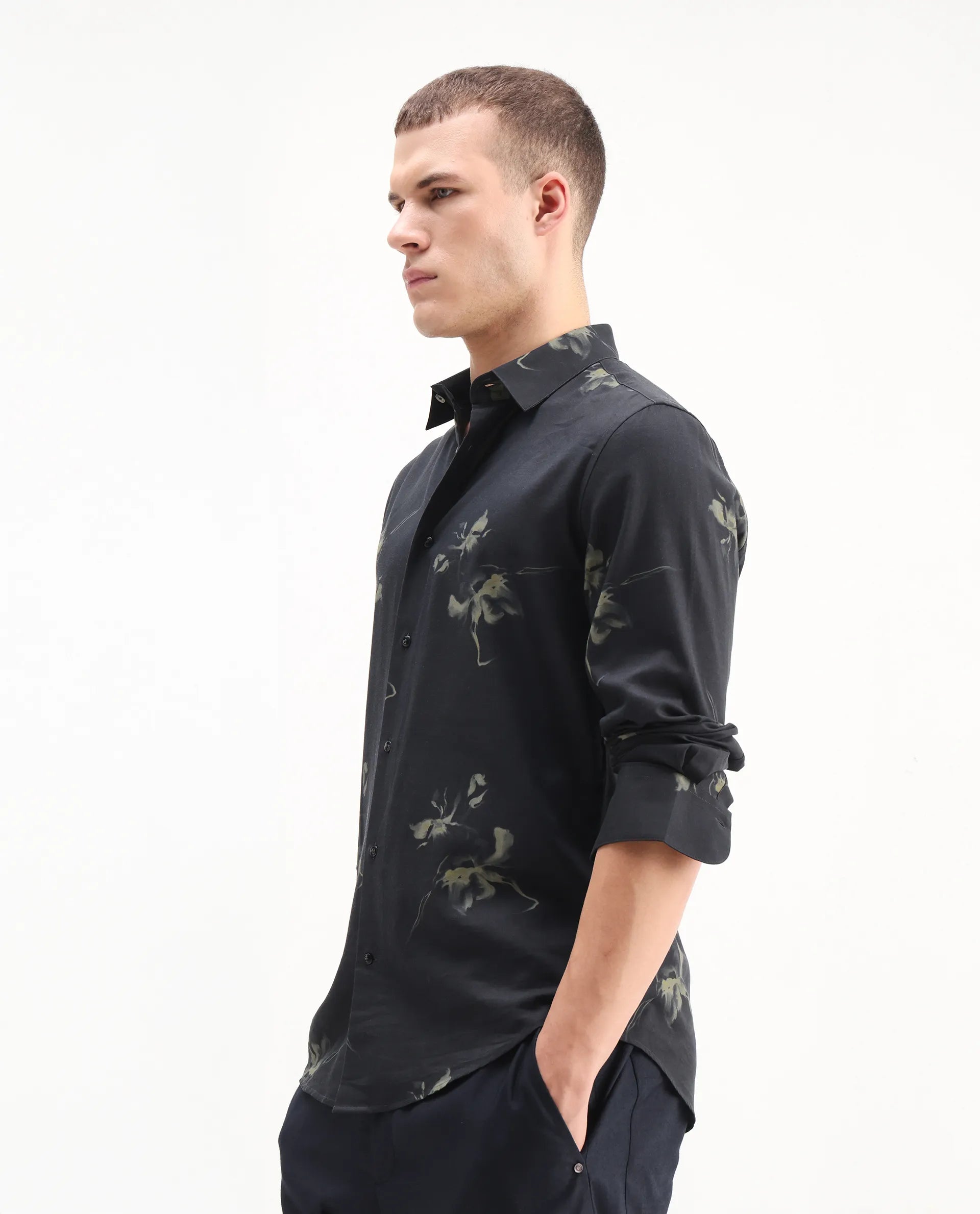 Rare Rabbit Men's Flaro Black Viscose Floral Print Regular Fit Full Sleeve Collared Shirt