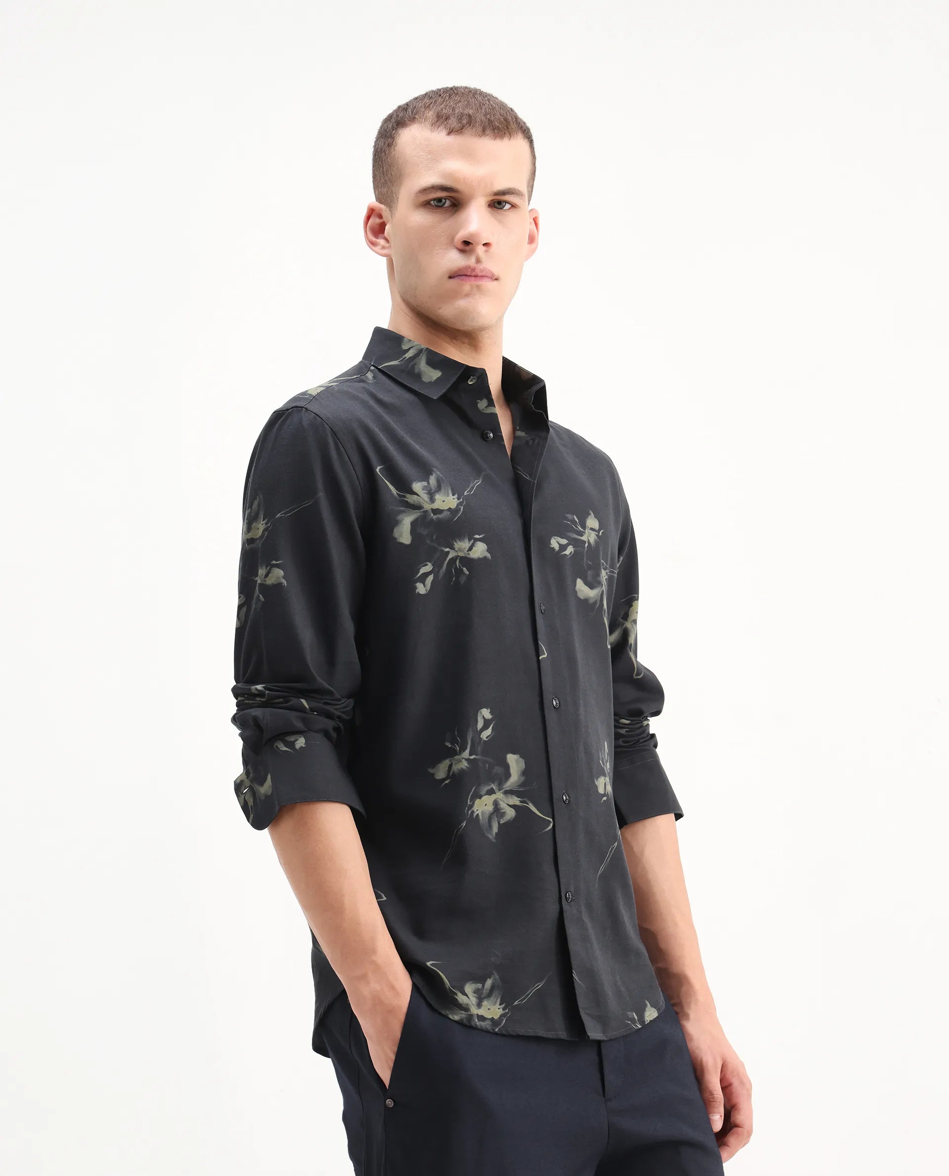 Rare Rabbit Men's Flaro Black Viscose Floral Print Regular Fit Full Sleeve Collared Shirt