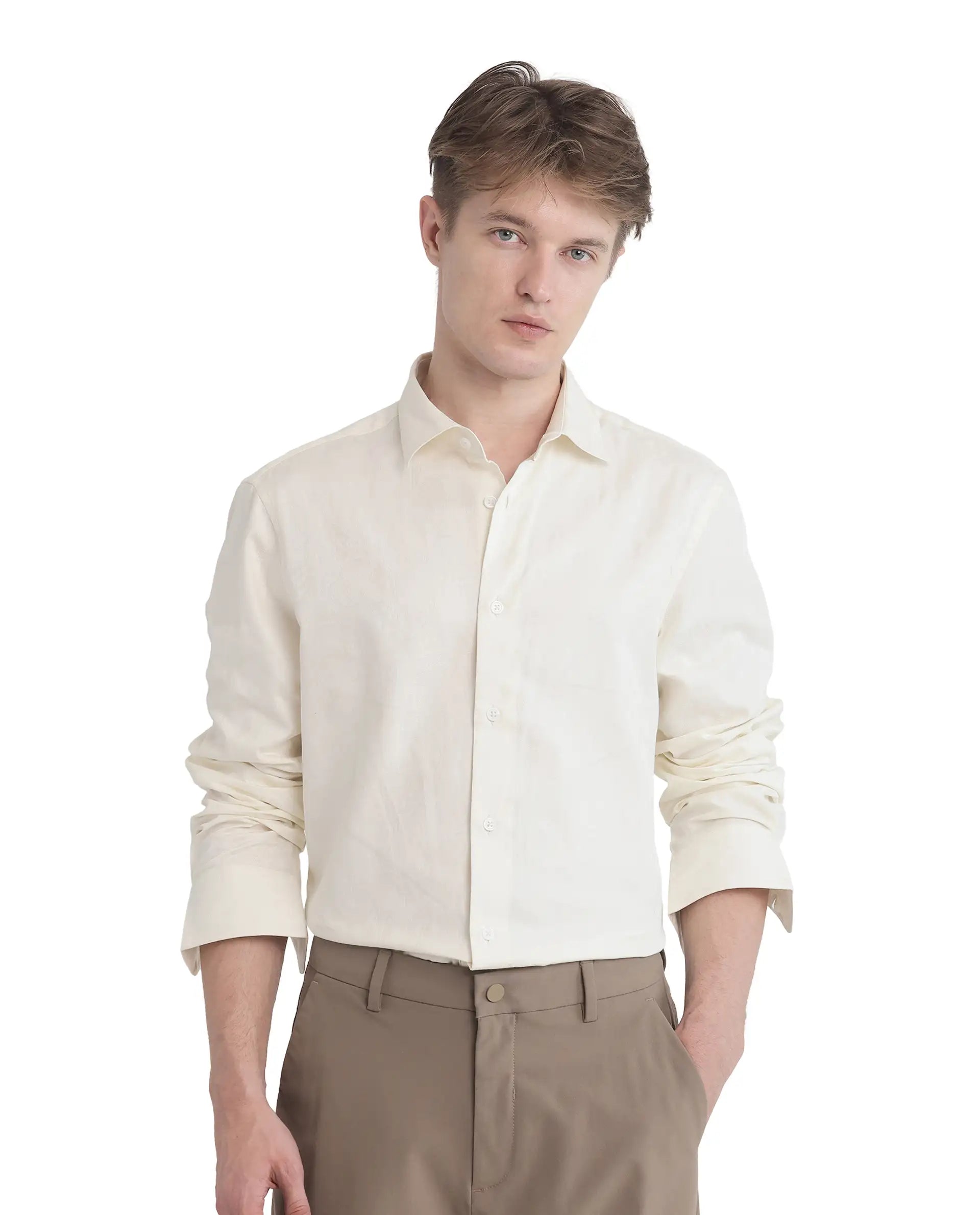 Rare Rabbit Men Flarp Off White Cotton Fabric Full Sleeve Collared Neck Button Closure Regular Fit Jacquard Shirt