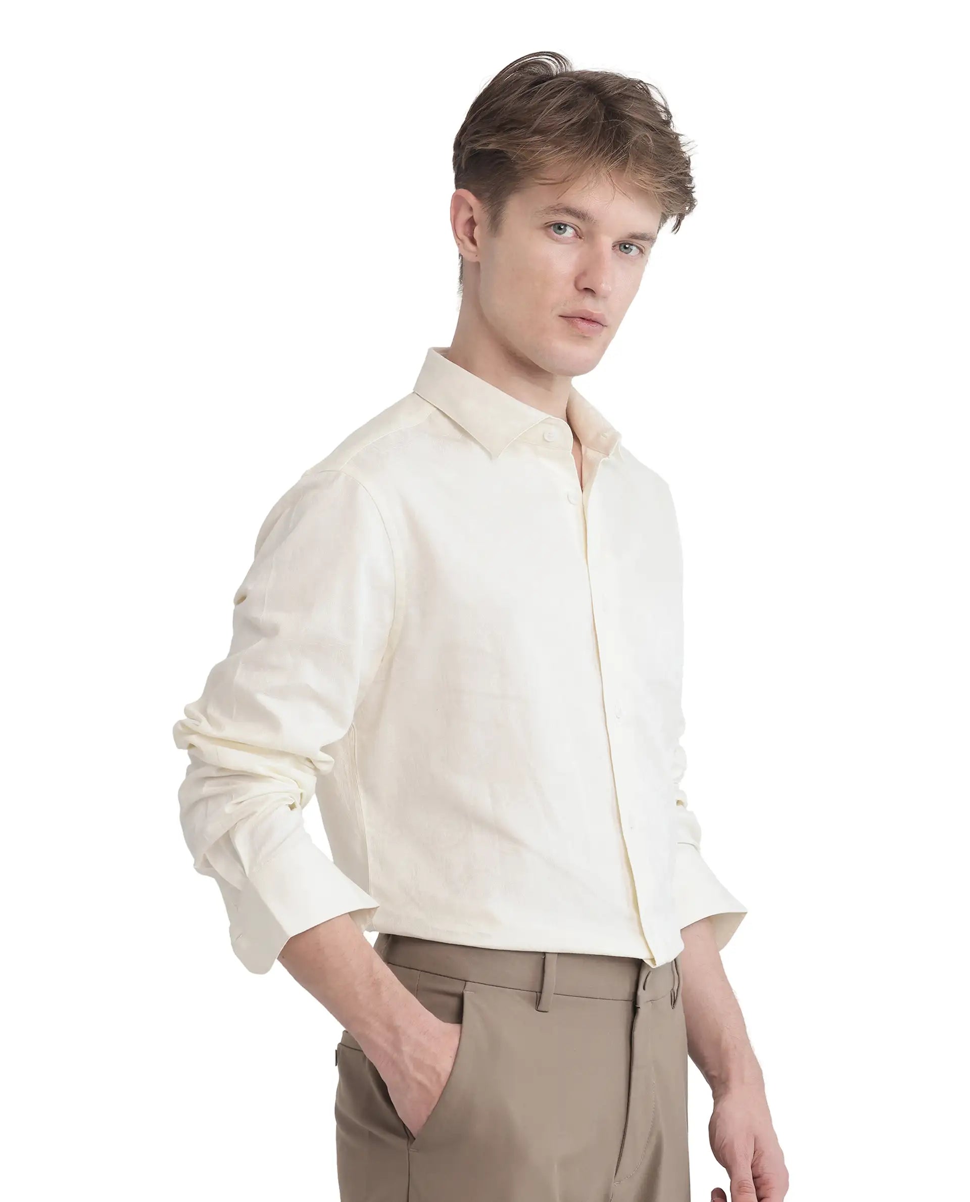 Rare Rabbit Men Flarp Off White Cotton Fabric Full Sleeve Collared Neck Button Closure Regular Fit Jacquard Shirt