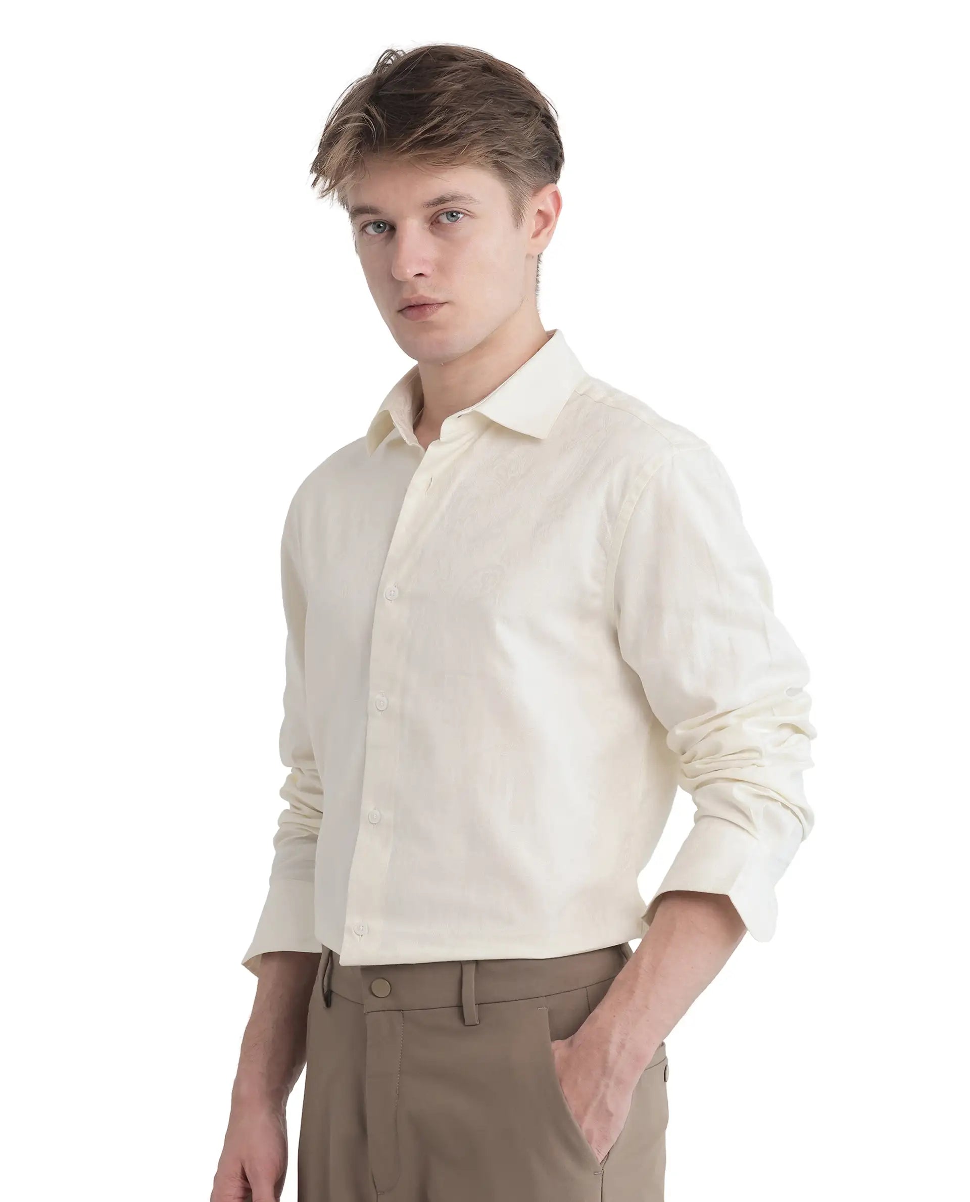 Rare Rabbit Men Flarp Off White Cotton Fabric Full Sleeve Collared Neck Button Closure Regular Fit Jacquard Shirt