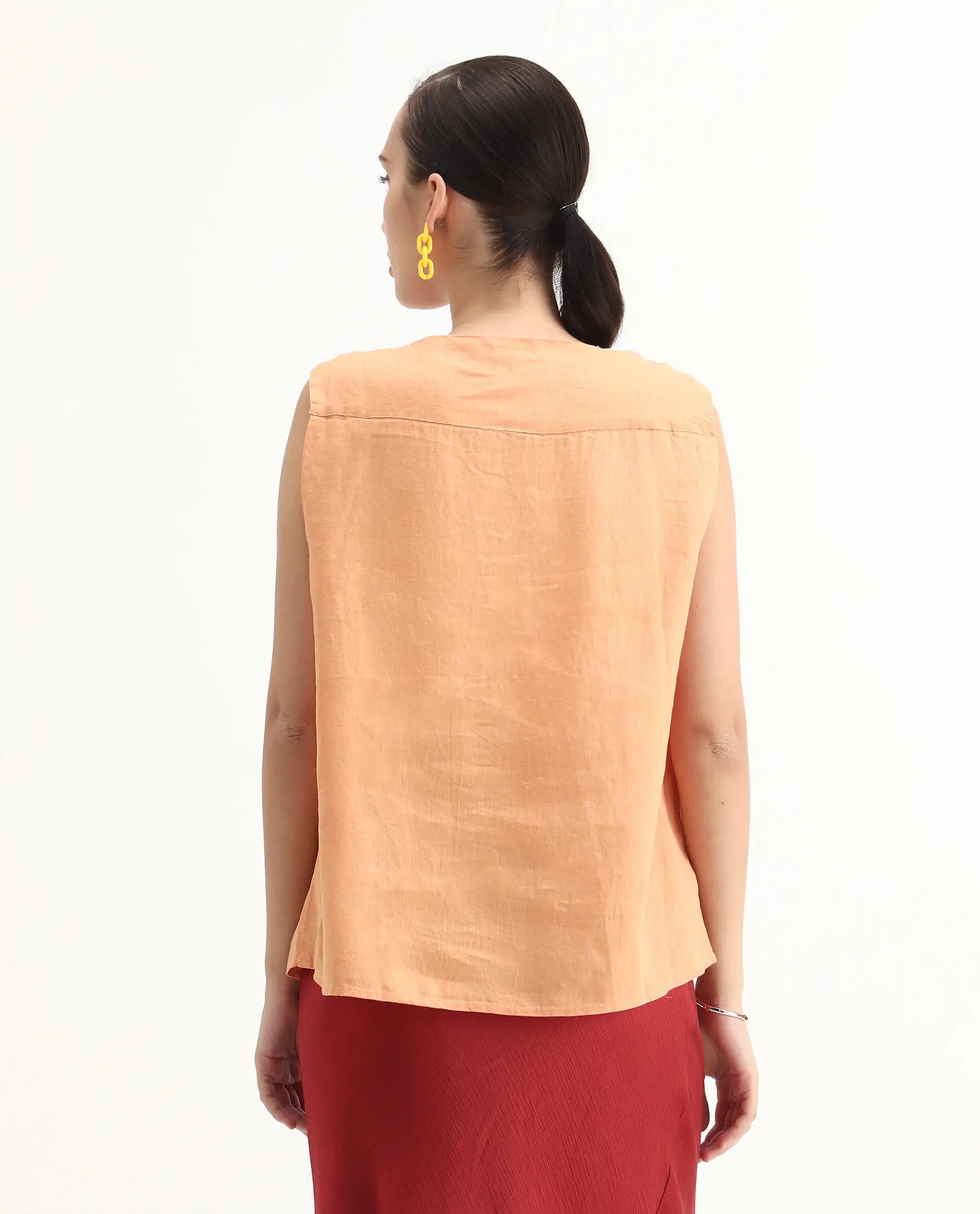 Rareism Women's Flash Orange Linen Sweetheart Neck Plain Sleeveless Knee Length Tailored Top