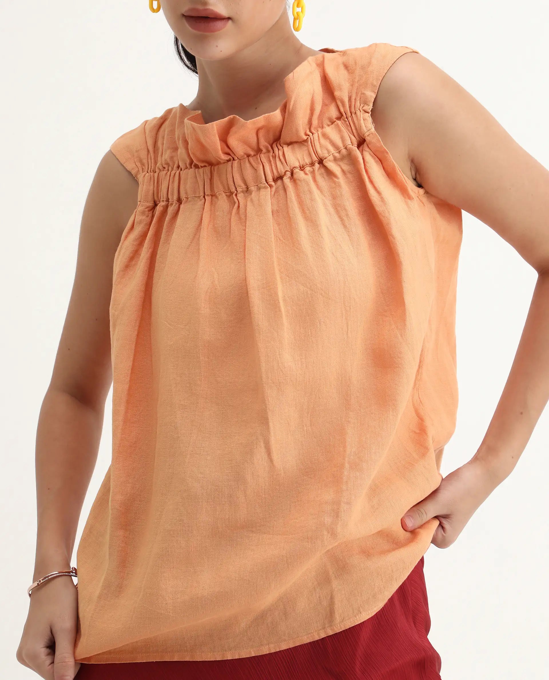 Rareism Women's Flash Orange Linen Sweetheart Neck Plain Sleeveless Knee Length Tailored Top