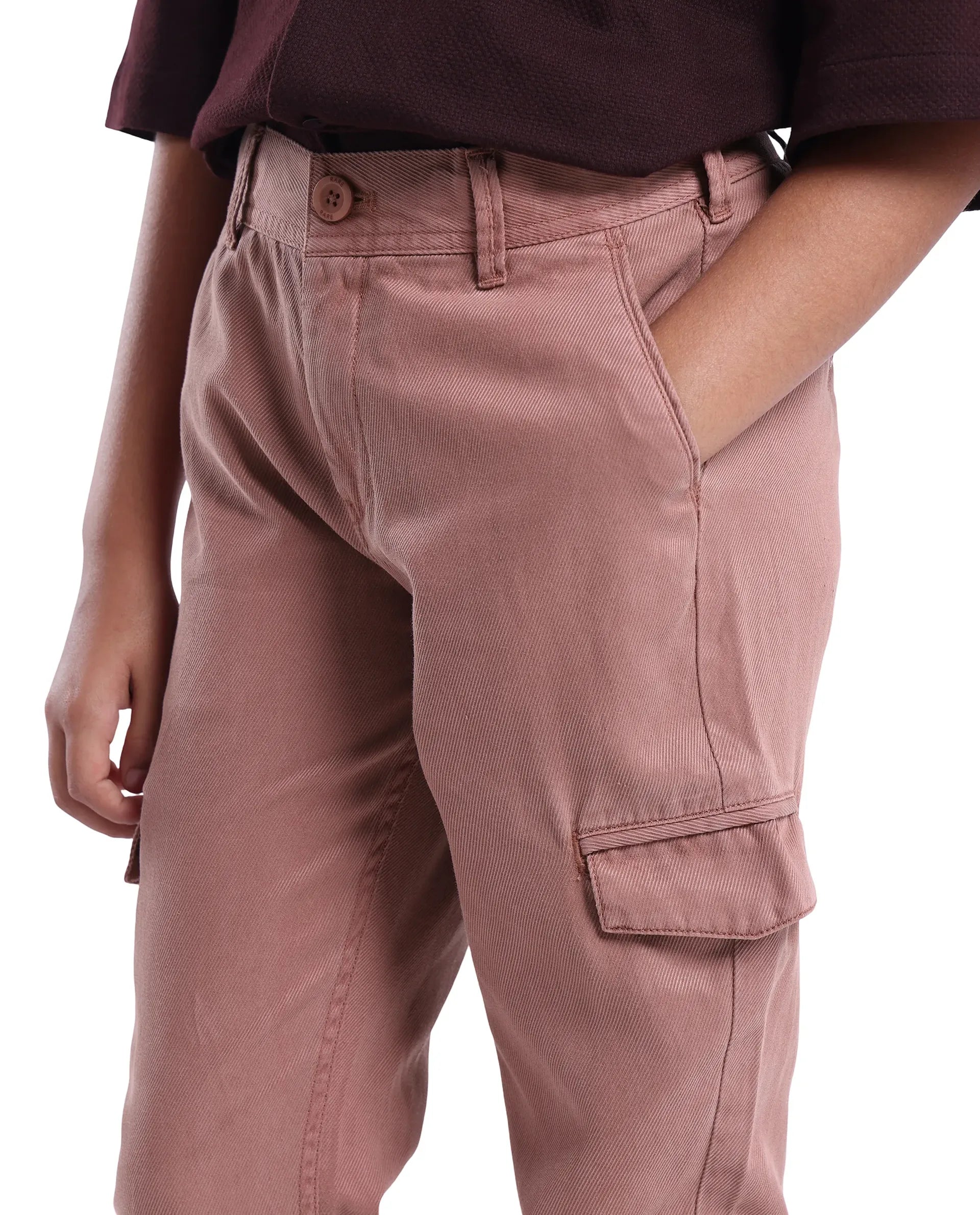 Rare Ones Kids Flat Dusky Peach Cotton Button And Zip Closure Plain Regular Fit Trouser