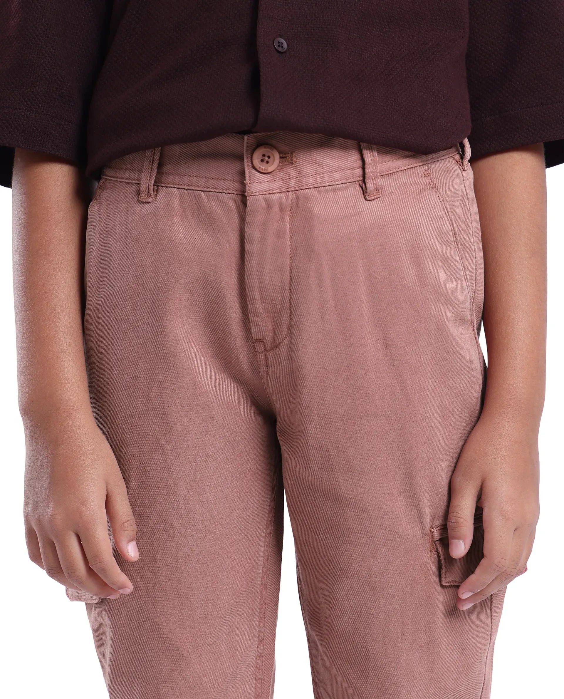 Rare Ones Kids Flat Dusky Peach Cotton Button And Zip Closure Plain Regular Fit Trouser