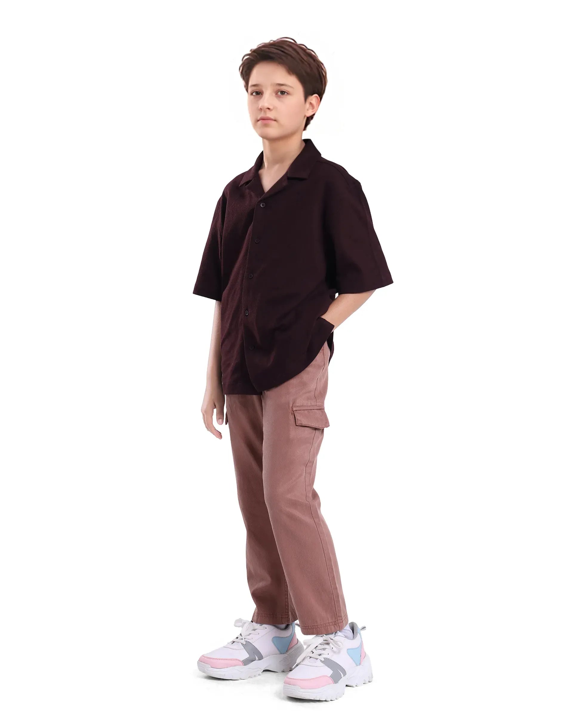 Rare Ones Kids Flat Dusky Peach Cotton Button And Zip Closure Plain Regular Fit Trouser