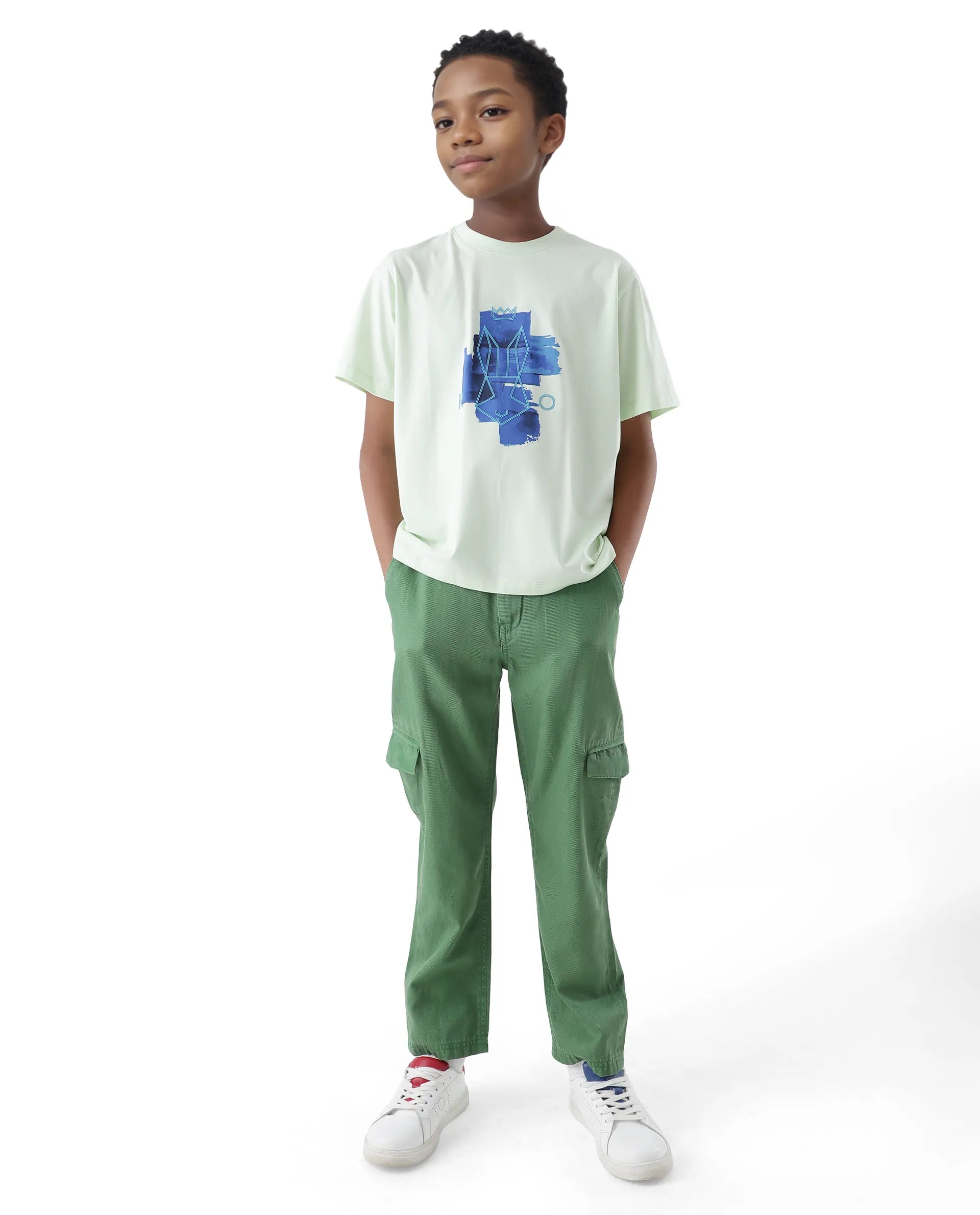 Rare Ones Kids Flat Green Cotton Button And Zip Closure Plain Regular Fit Trouser