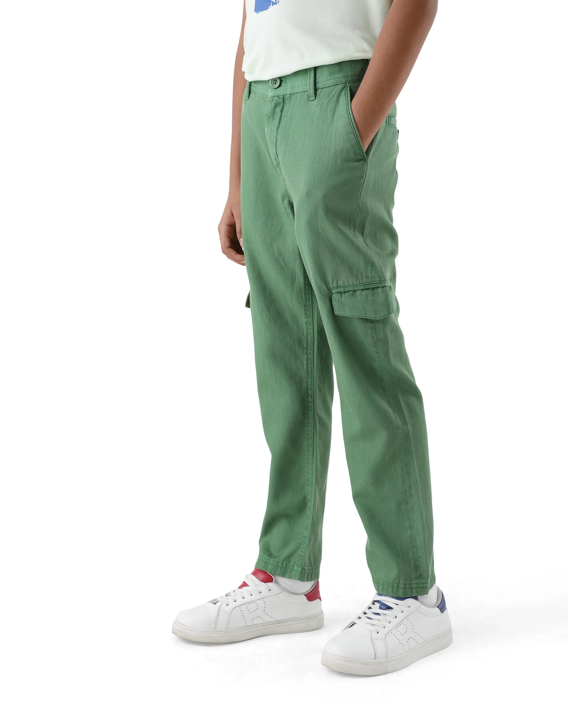 Rare Ones Kids Flat Green Cotton Button And Zip Closure Plain Regular Fit Trouser