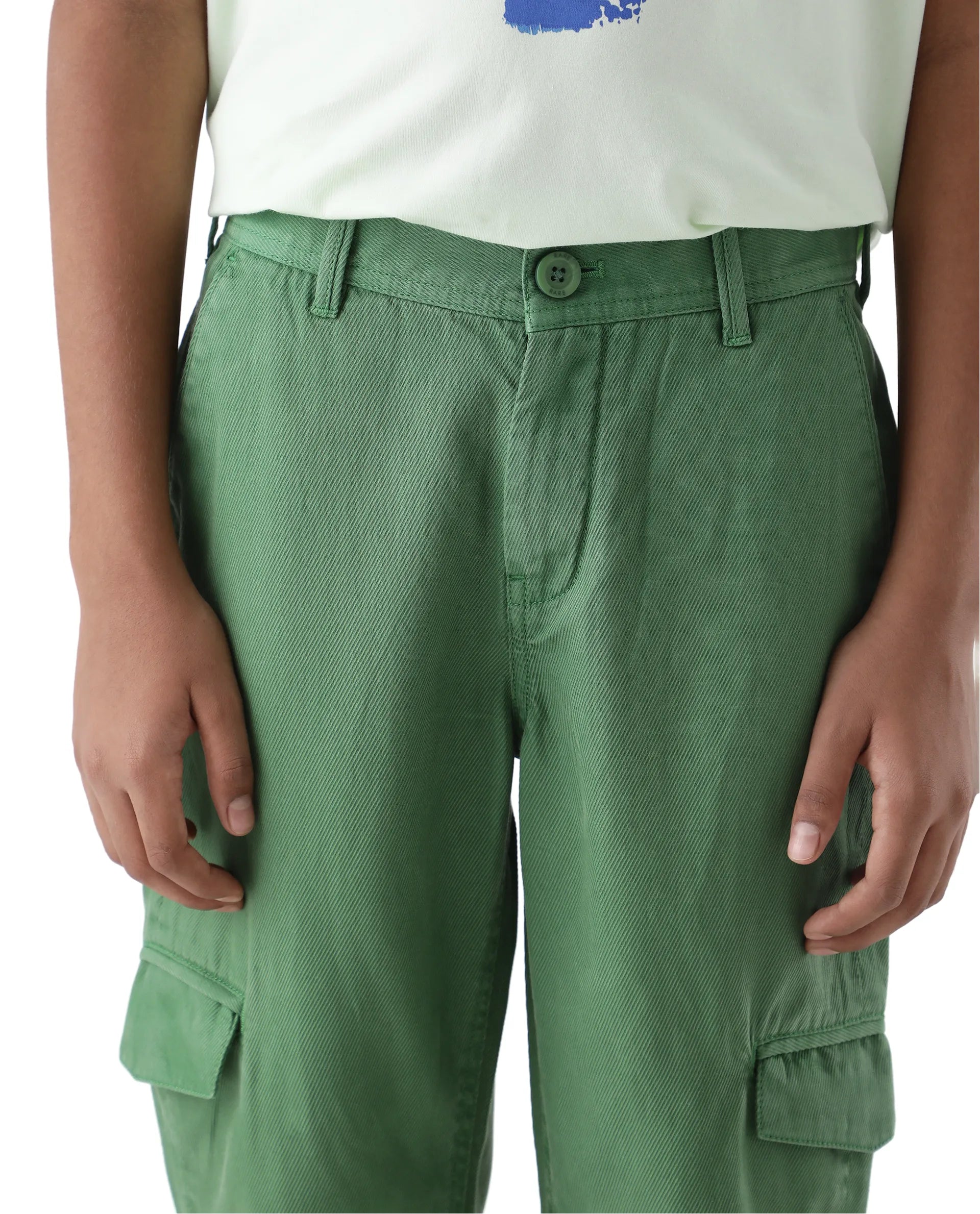 Rare Ones Kids Flat Green Cotton Button And Zip Closure Plain Regular Fit Trouser
