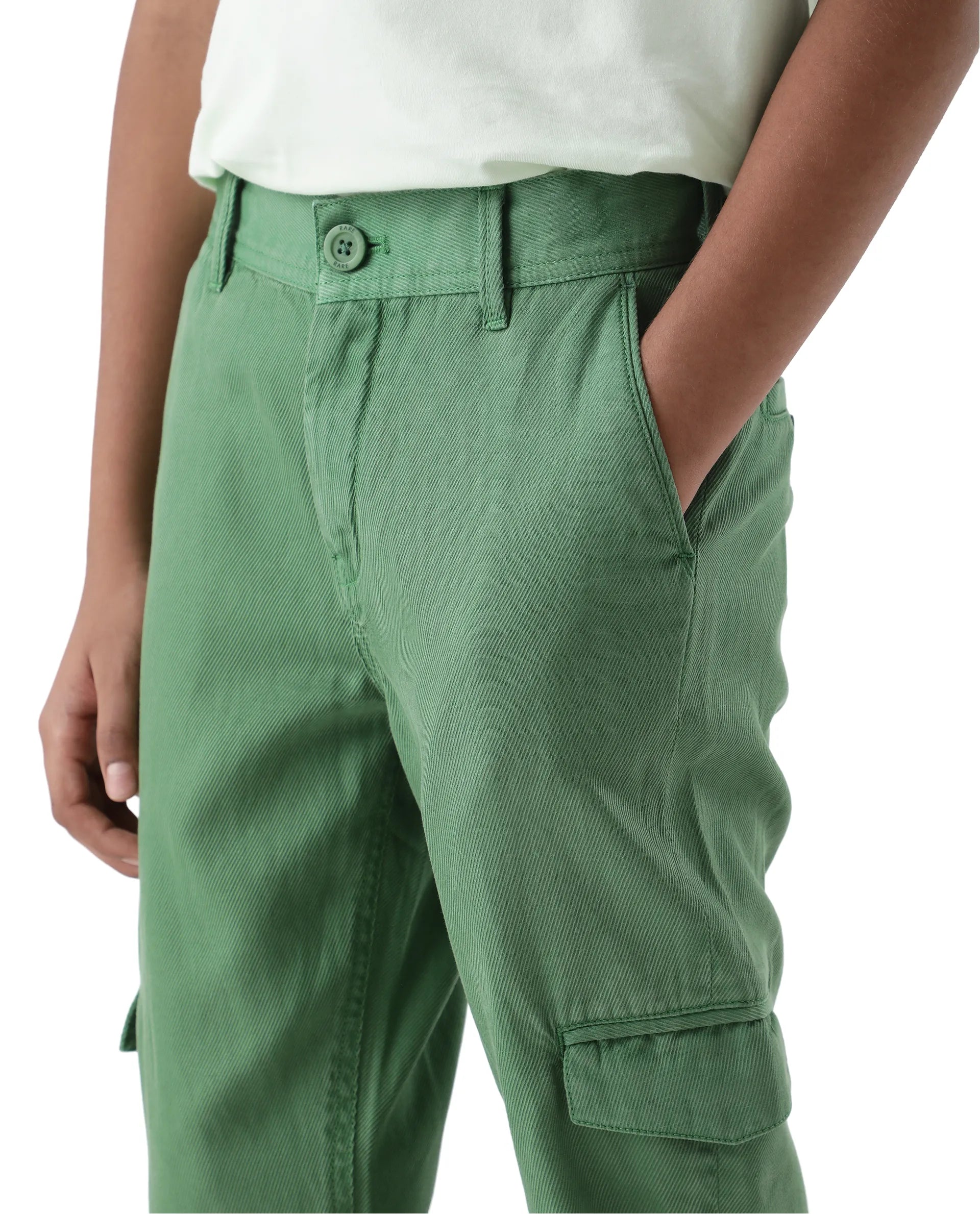 Rare Ones Kids Flat Green Cotton Button And Zip Closure Plain Regular Fit Trouser