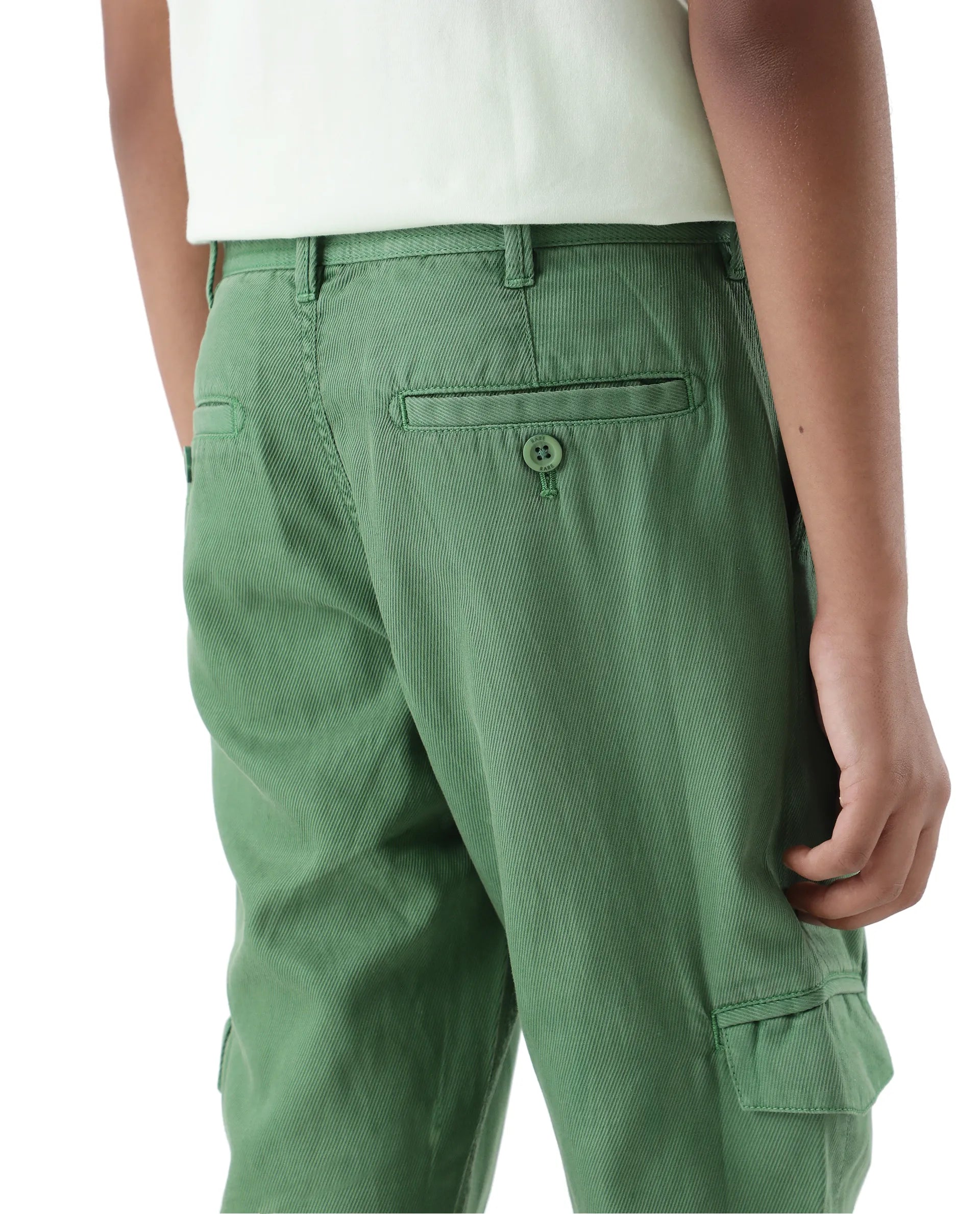 Rare Ones Kids Flat Green Cotton Button And Zip Closure Plain Regular Fit Trouser