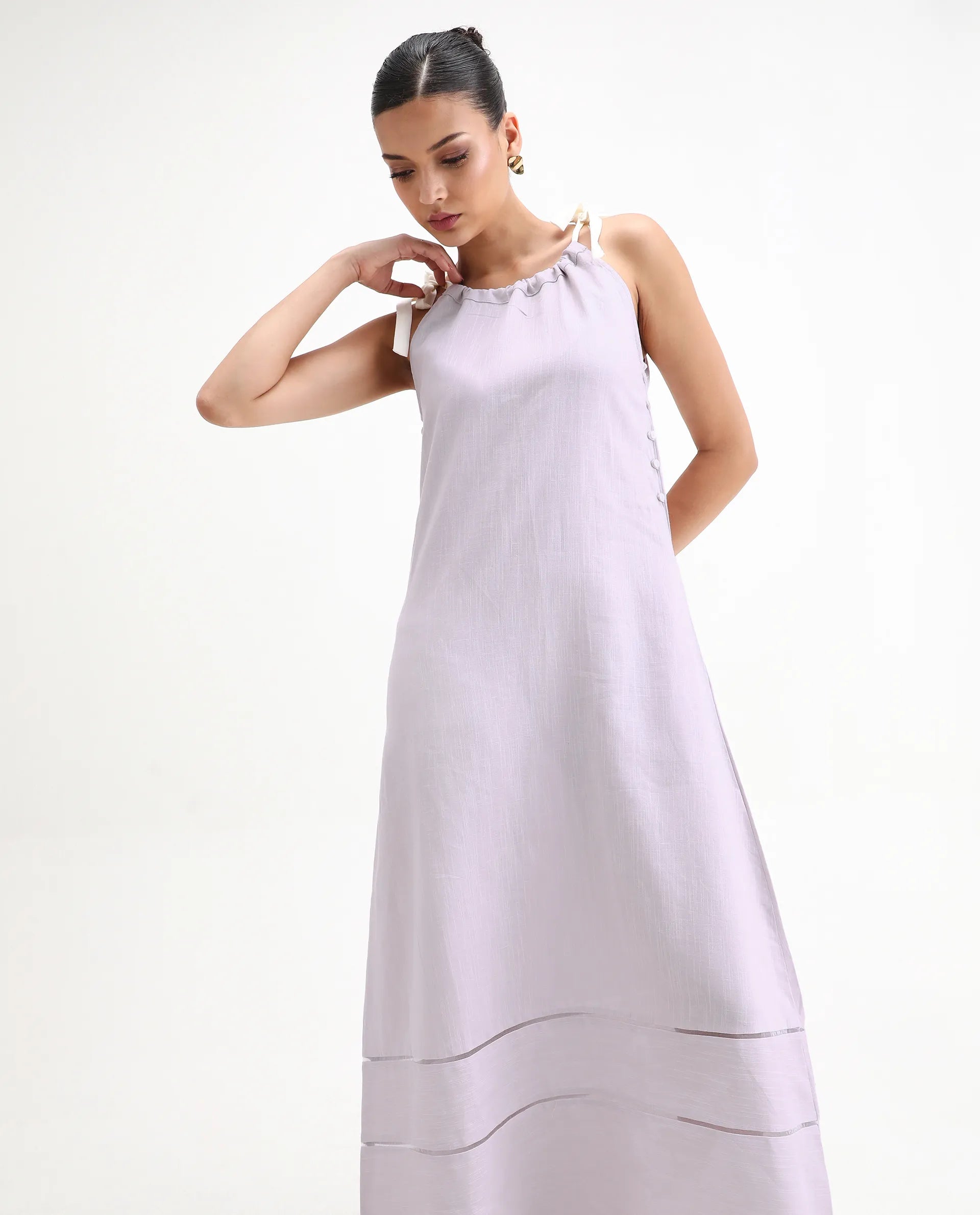 Rareism Women's Flat Purple Linen Tie-Up Neck Plain Sleeveless Knee Length Regular Fit Dress