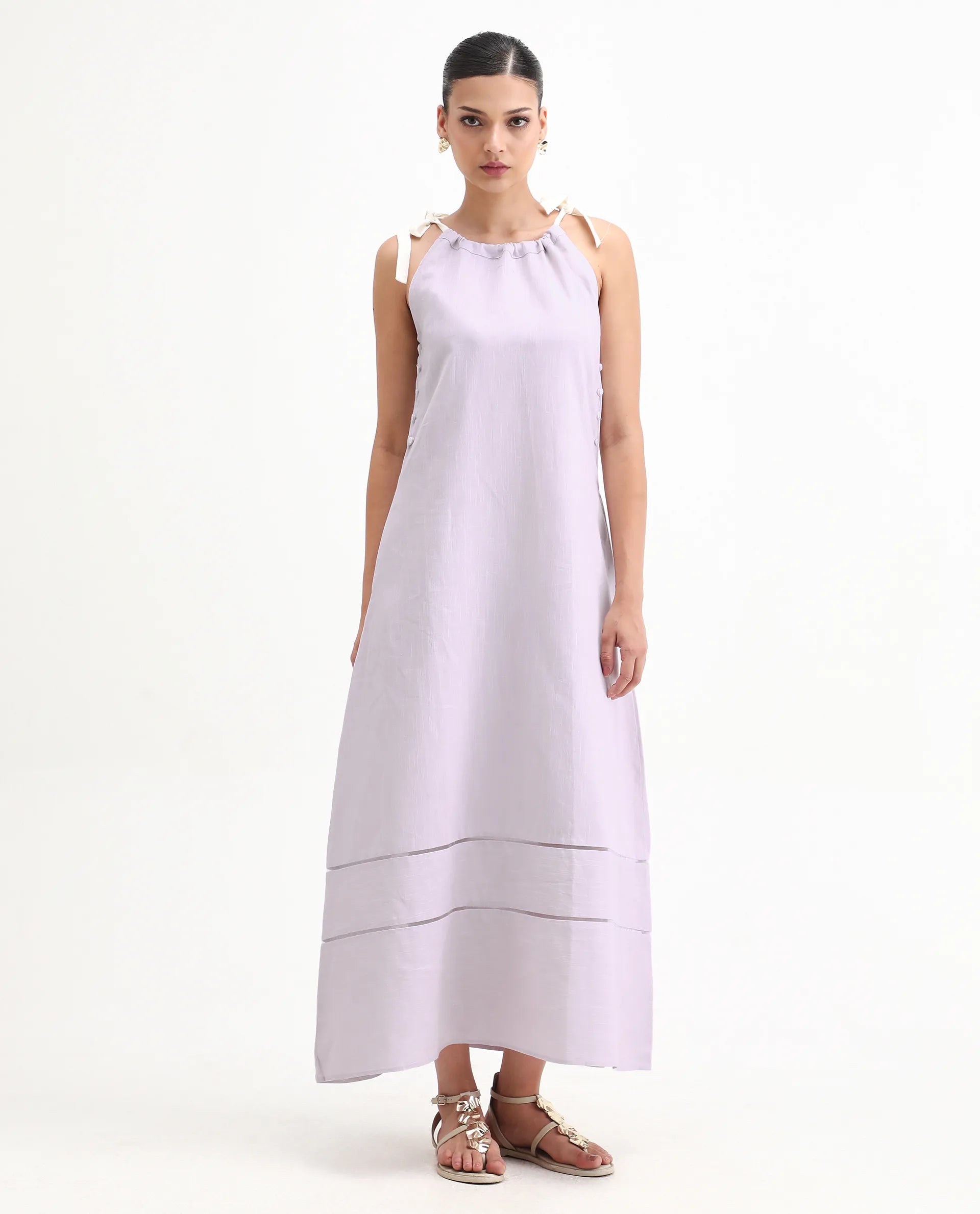 Rareism Women's Flat Purple Linen Tie-Up Neck Plain Sleeveless Knee Length Regular Fit Dress