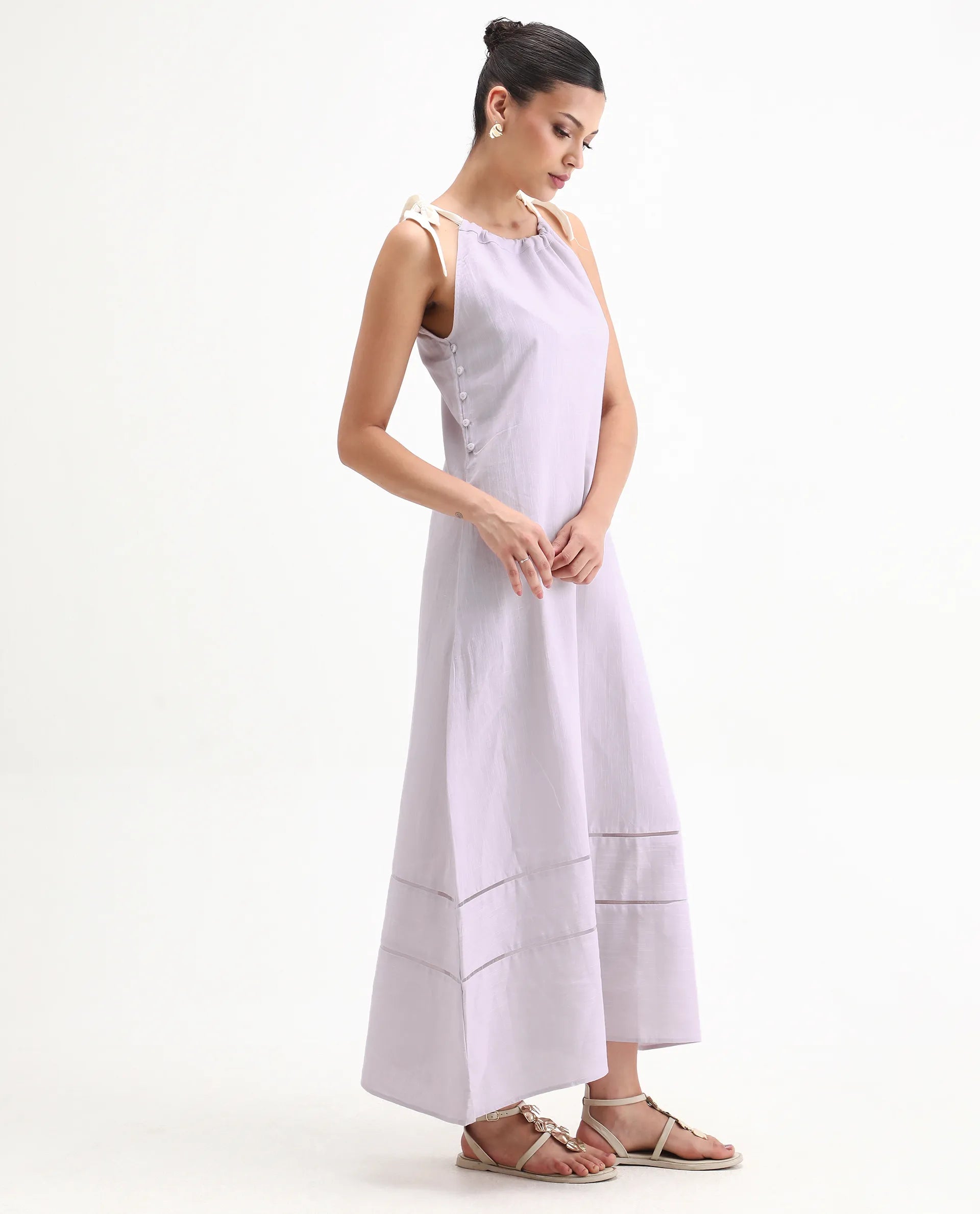 Rareism Women's Flat Purple Linen Tie-Up Neck Plain Sleeveless Knee Length Regular Fit Dress