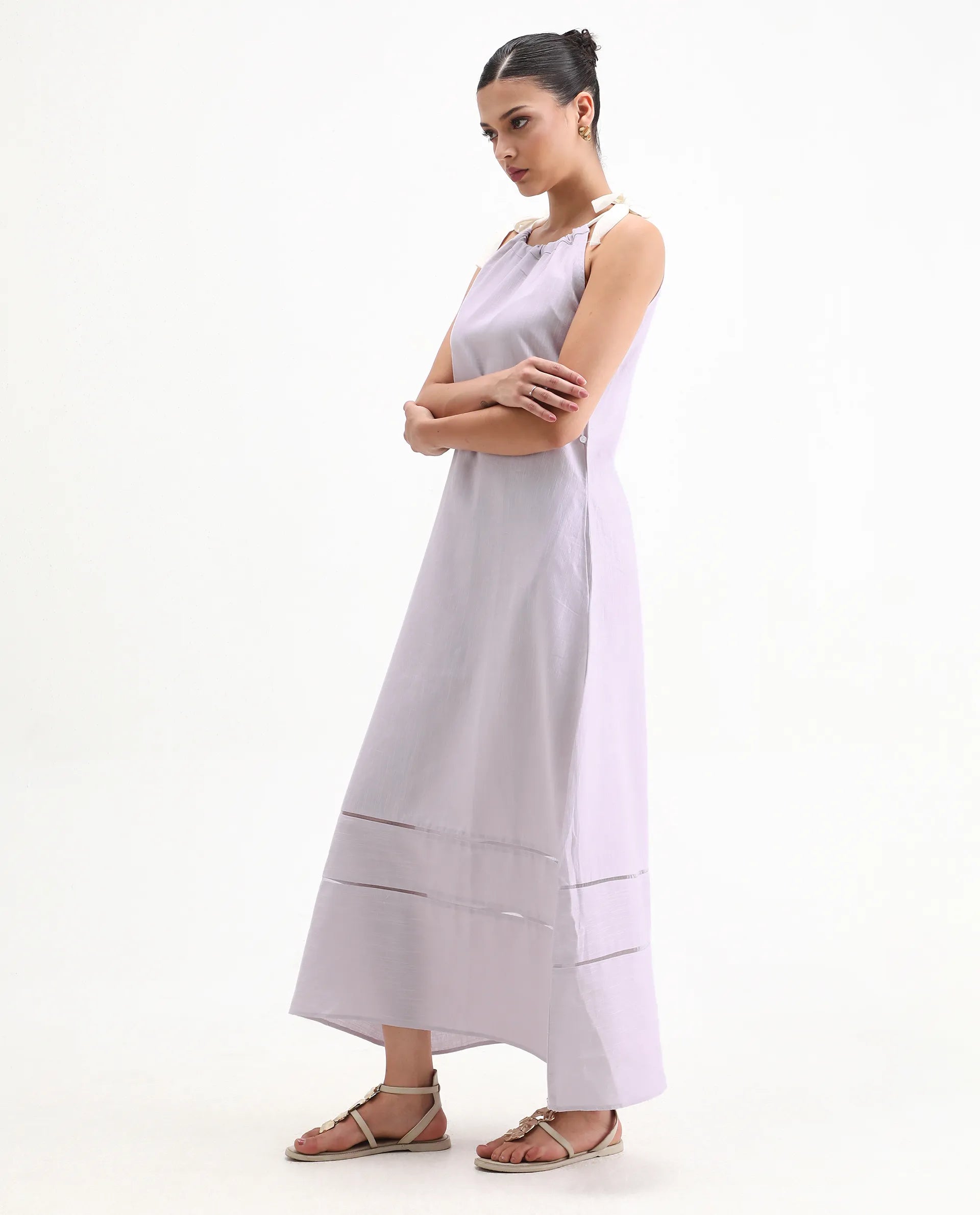 Rareism Women's Flat Purple Linen Tie-Up Neck Plain Sleeveless Knee Length Regular Fit Dress