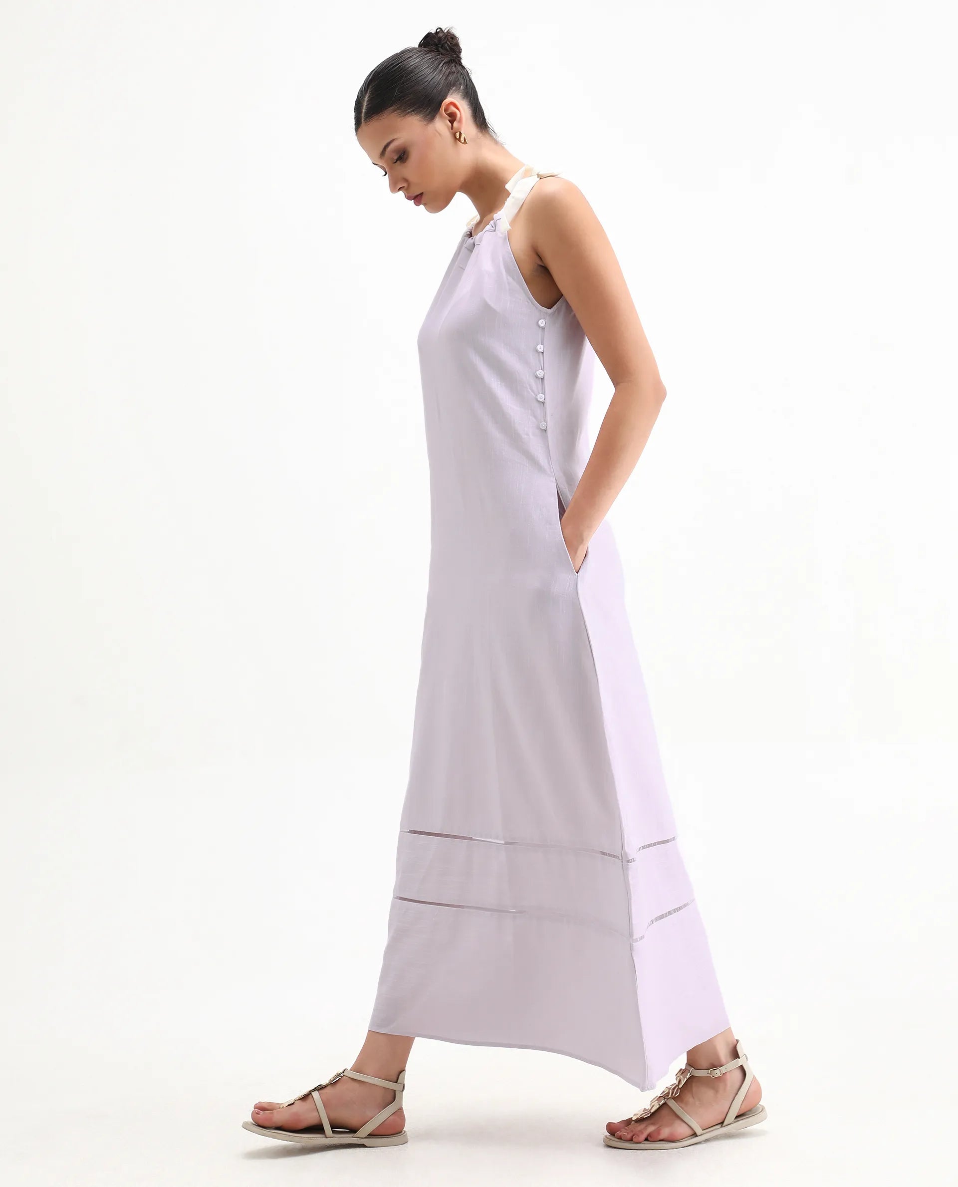 Rareism Women's Flat Purple Linen Tie-Up Neck Plain Sleeveless Knee Length Regular Fit Dress