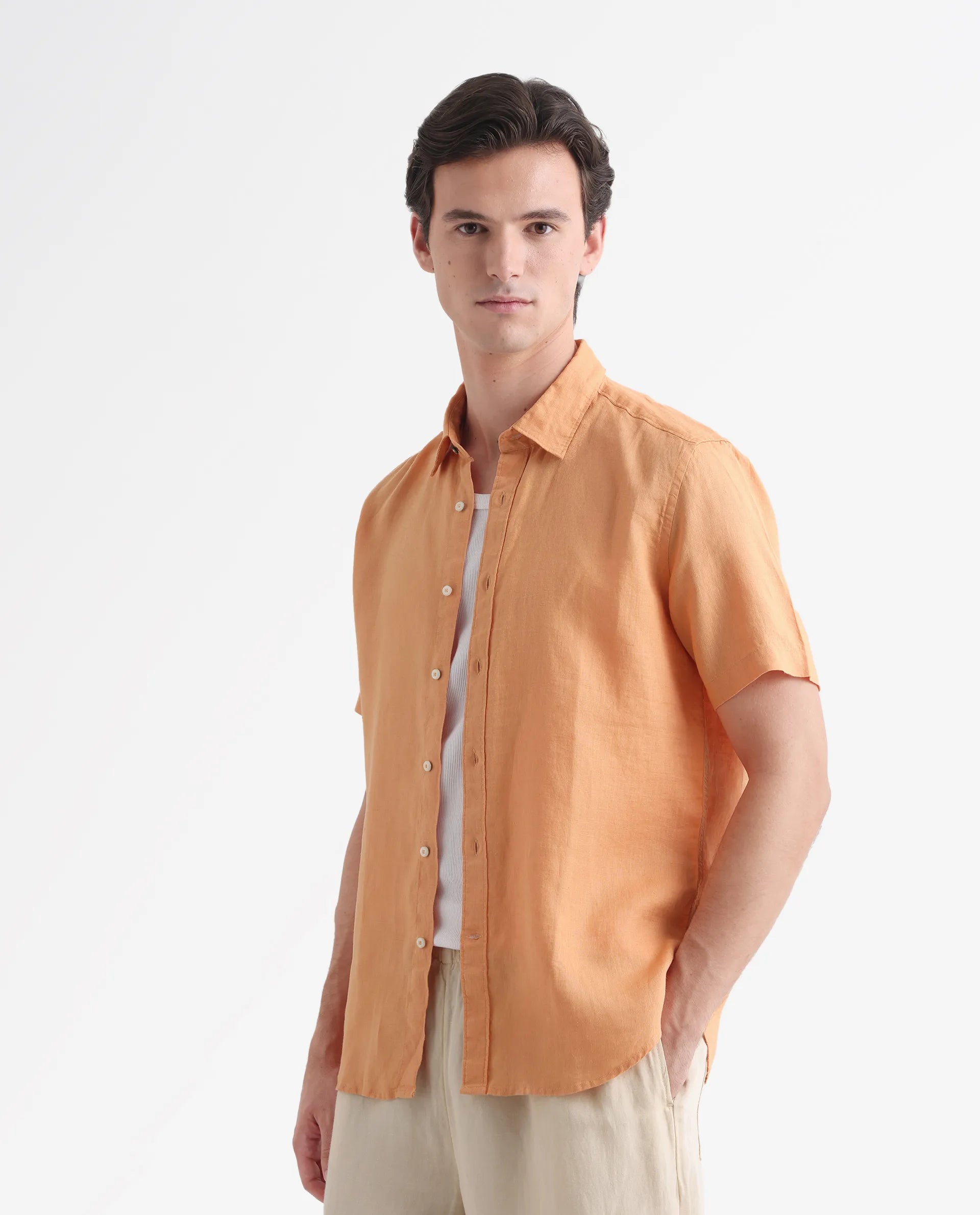 Rare Rabbit Men's Flax Ss Orange 100% Linen Plain Regular Fit Half Sleeve Collared Shirt