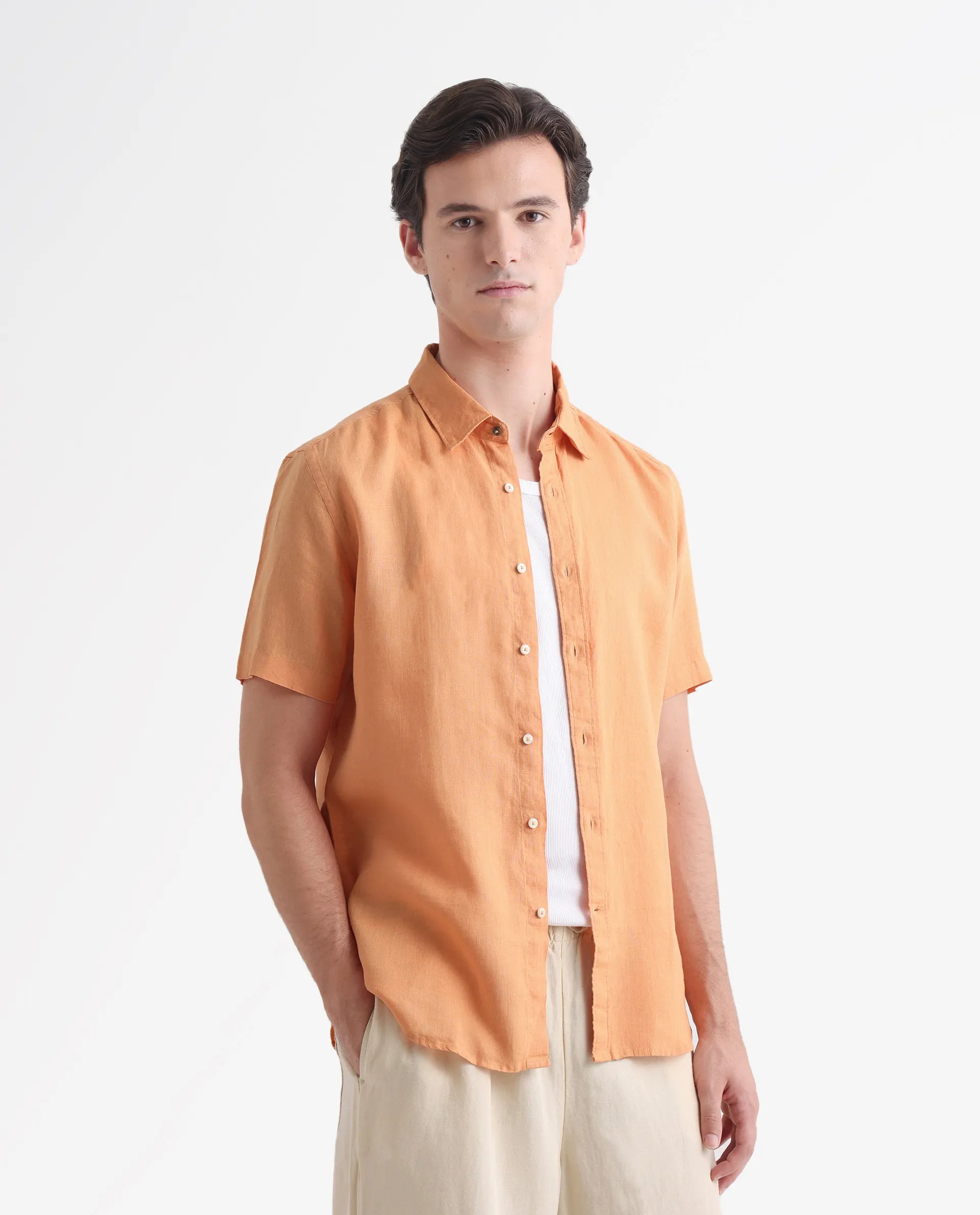 Rare Rabbit Men's Flax Ss Orange 100% Linen Plain Regular Fit Half Sleeve Collared Shirt
