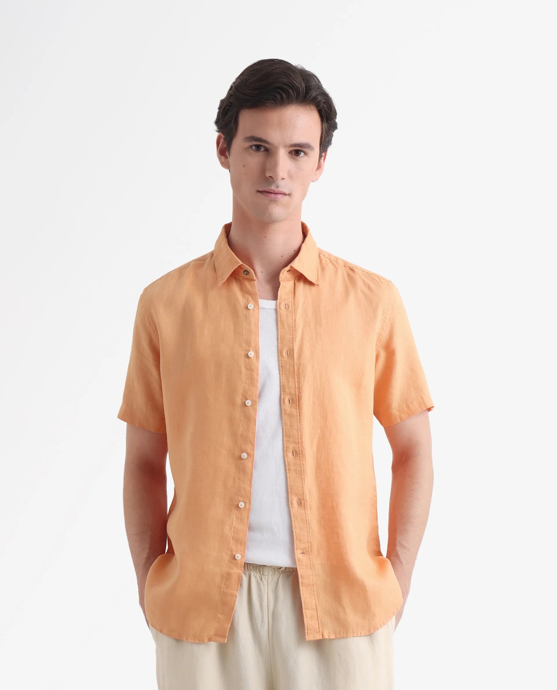 Rare Rabbit Men's Flax Ss Orange 100% Linen Plain Regular Fit Half Sleeve Collared Shirt