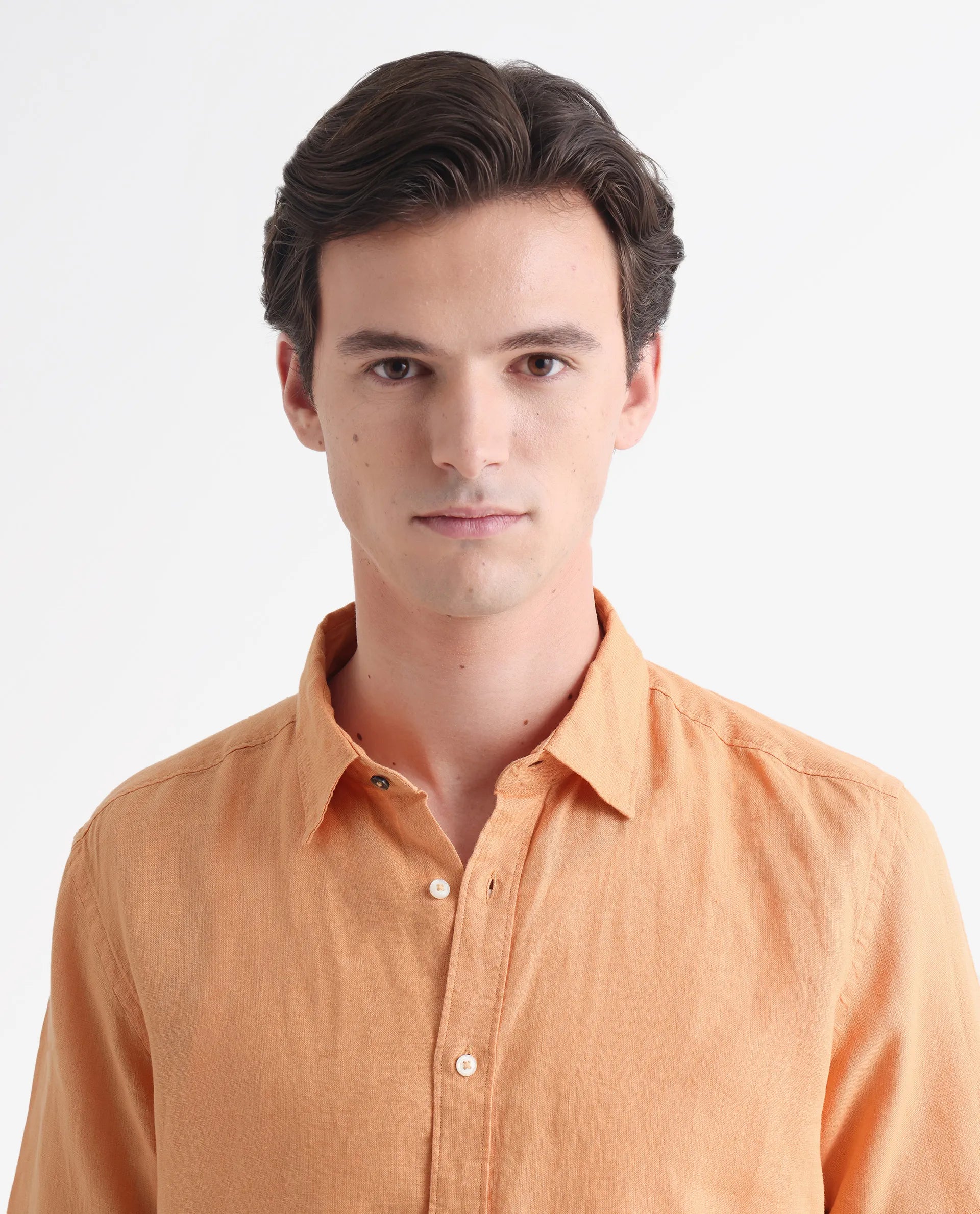 Rare Rabbit Men's Flax Ss Orange 100% Linen Plain Regular Fit Half Sleeve Collared Shirt