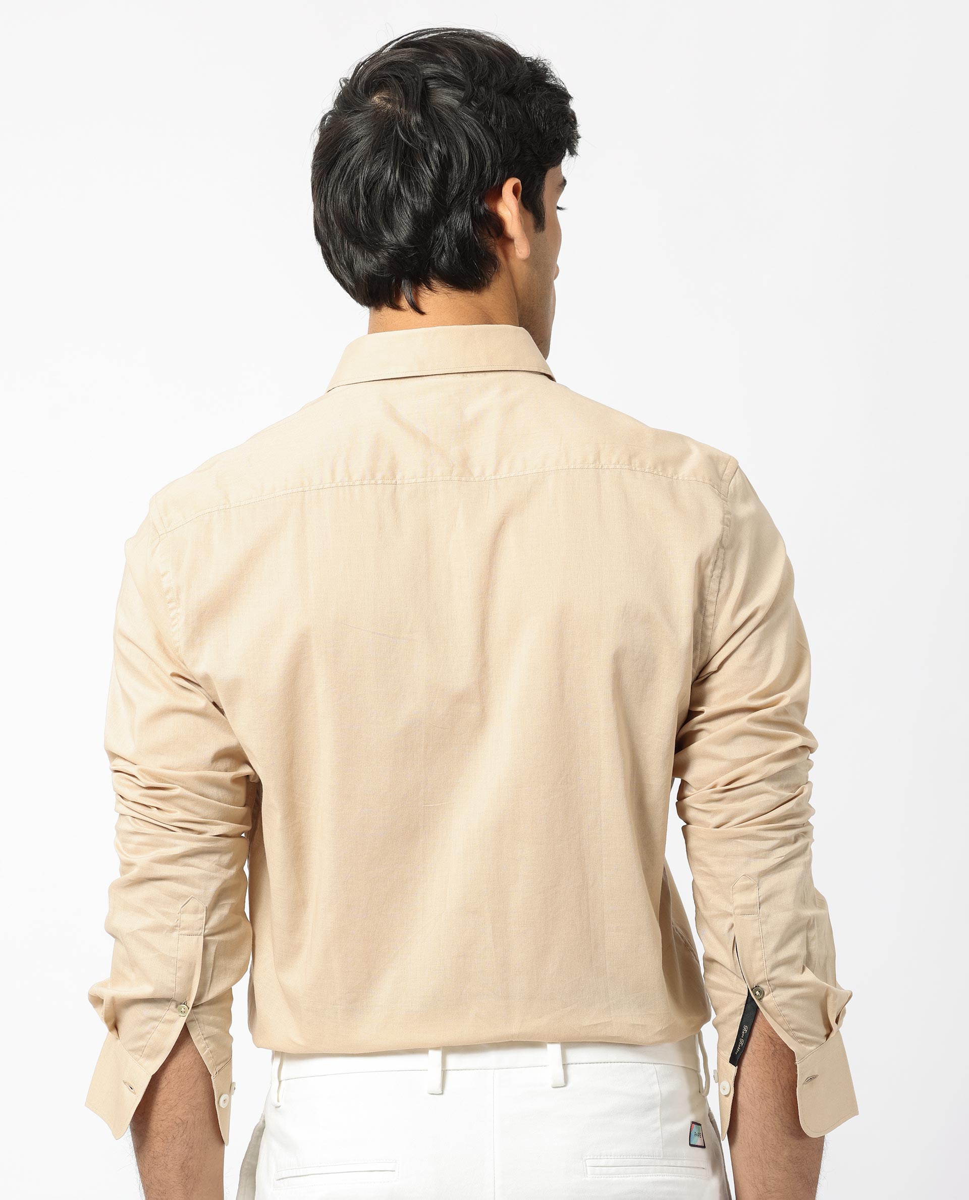 Rare Rabbit Men's Flees Beige Cotton Fabric Full Sleeves Solid Shirt