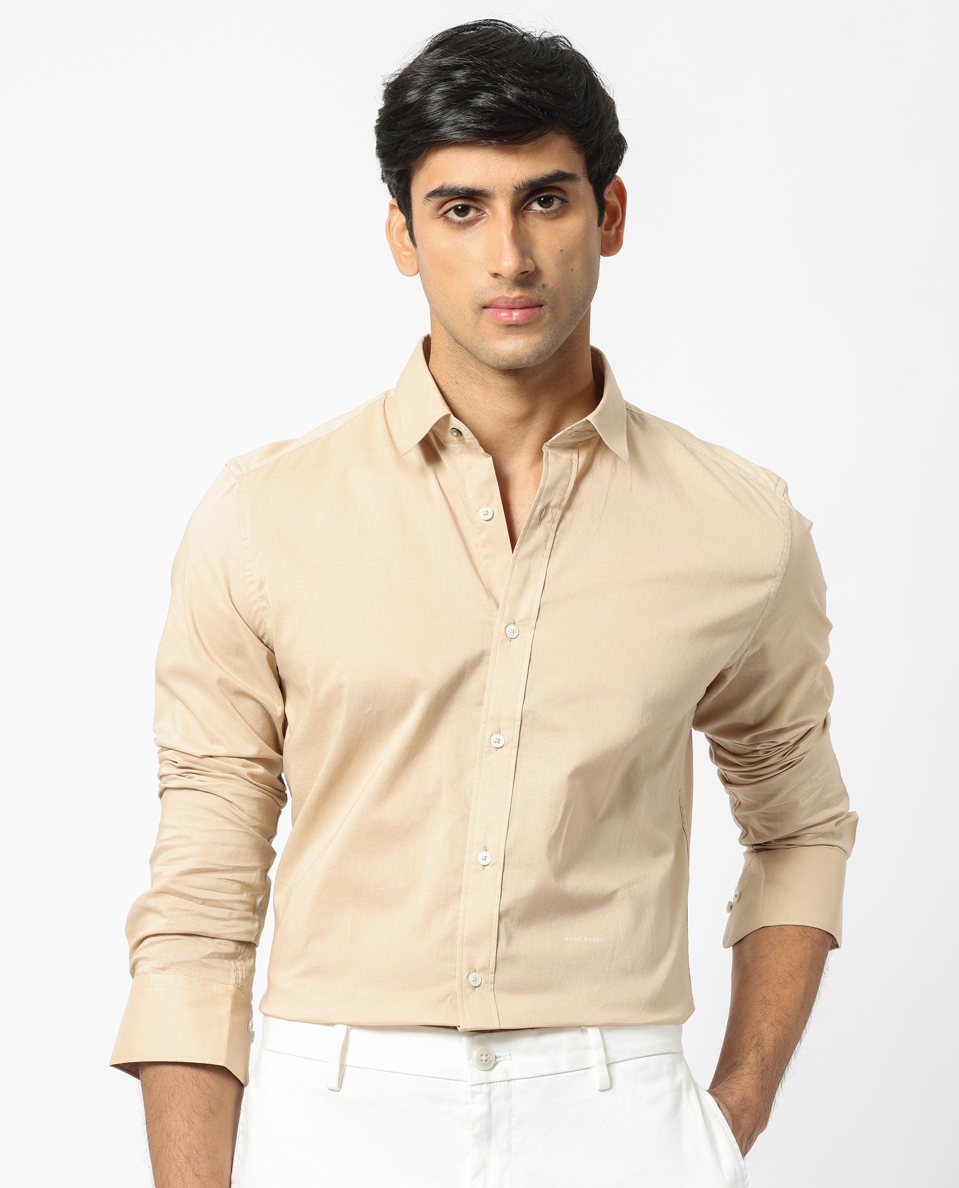 Rare Rabbit Men's Flees Beige Cotton Fabric Full Sleeves Solid Shirt