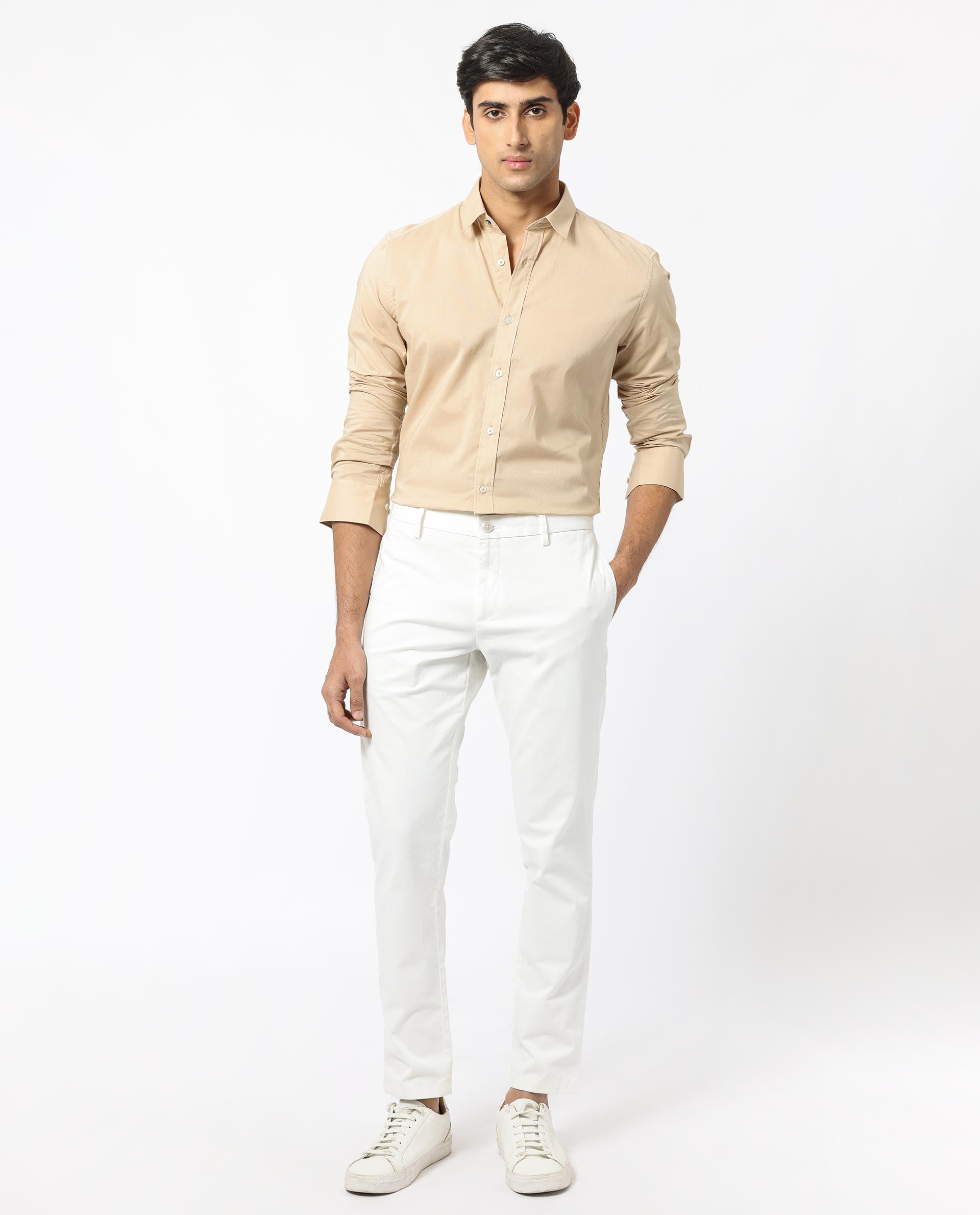 Rare Rabbit Men's Flees Beige Cotton Fabric Full Sleeves Solid Shirt