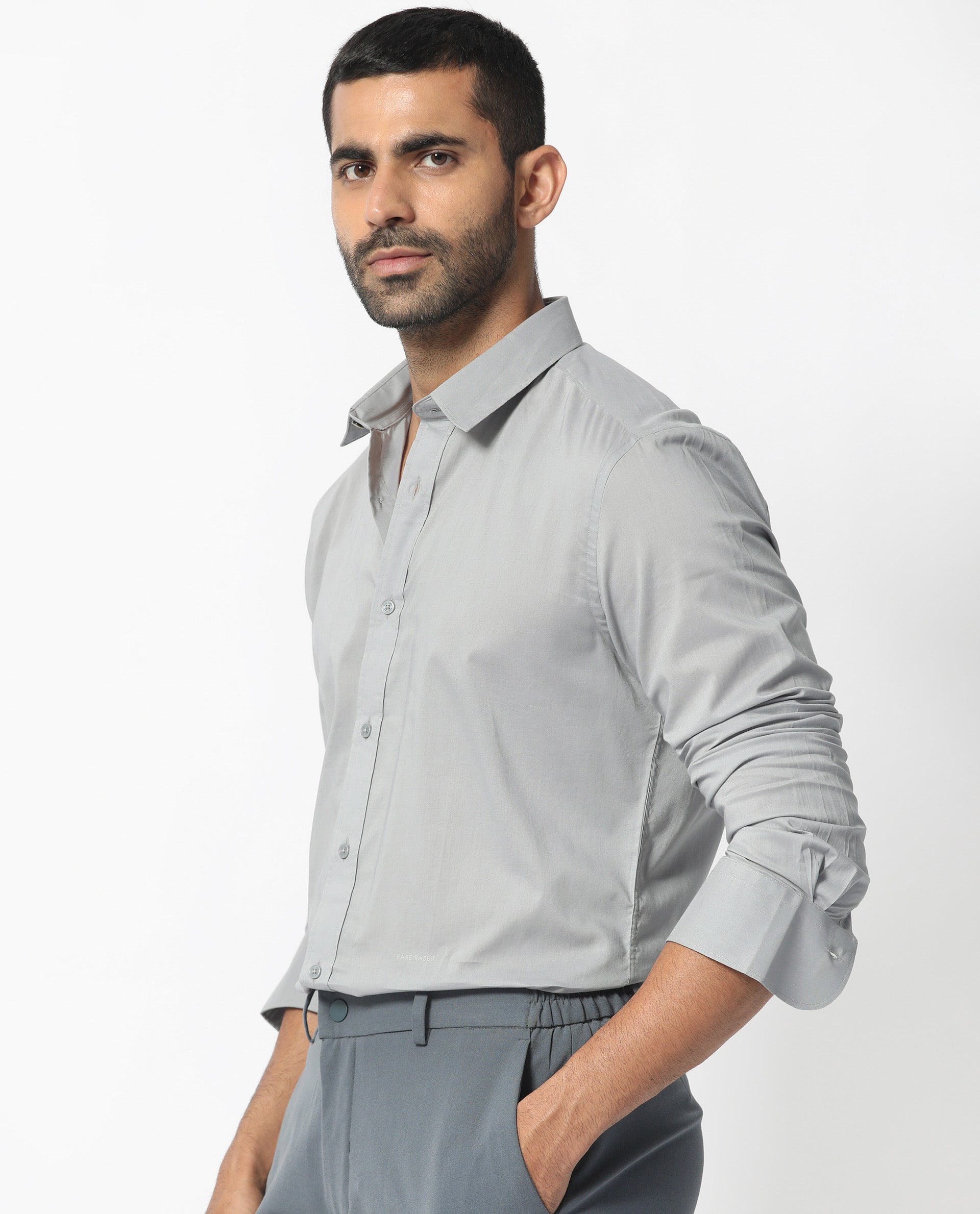 Rare Rabbit Men's Flees Grey Cotton Fabric Full Sleeves Solid Shirt