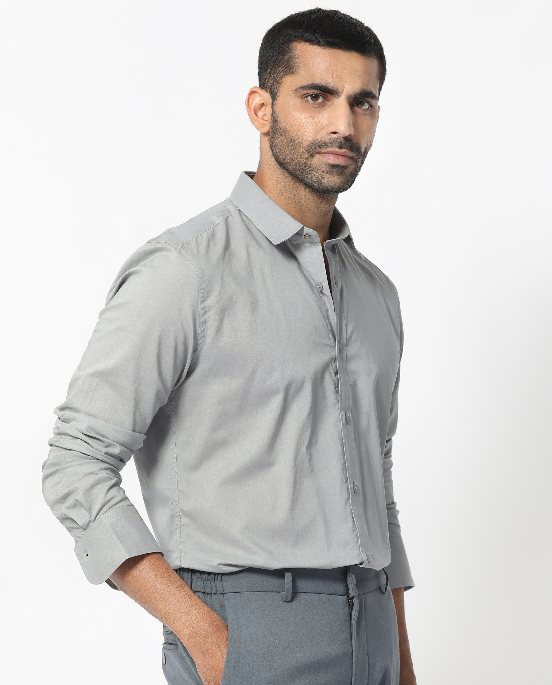 Rare Rabbit Men's Flees Grey Cotton Fabric Full Sleeves Solid Shirt