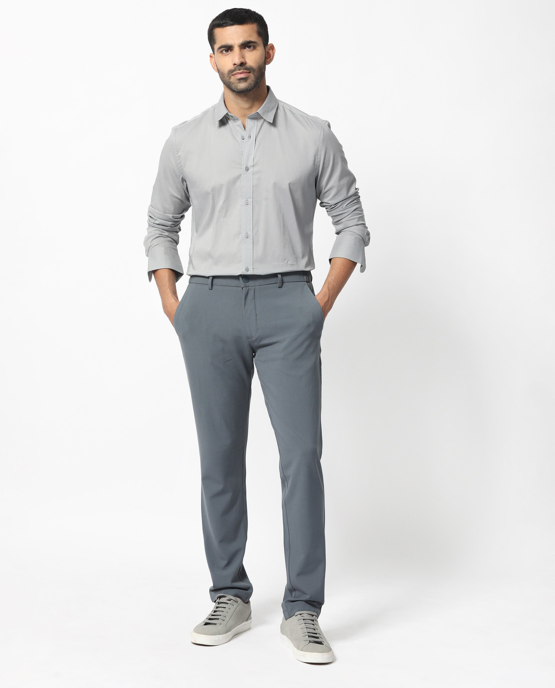 Rare Rabbit Men's Flees Grey Cotton Fabric Full Sleeves Solid Shirt