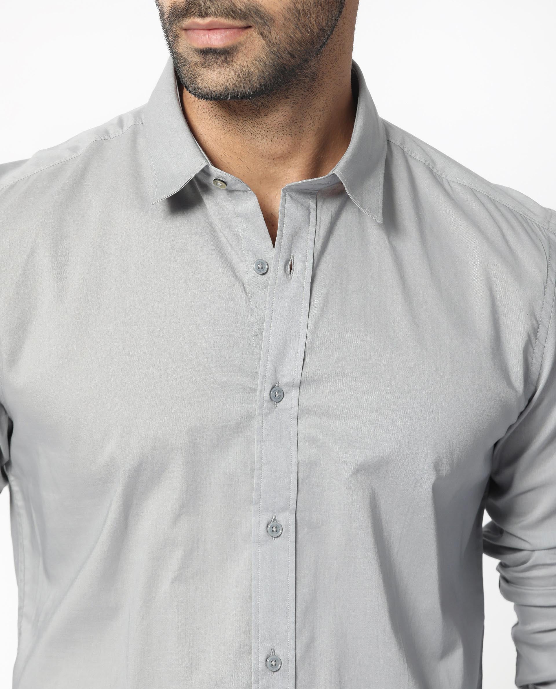 Rare Rabbit Men's Flees Grey Cotton Fabric Full Sleeves Solid Shirt