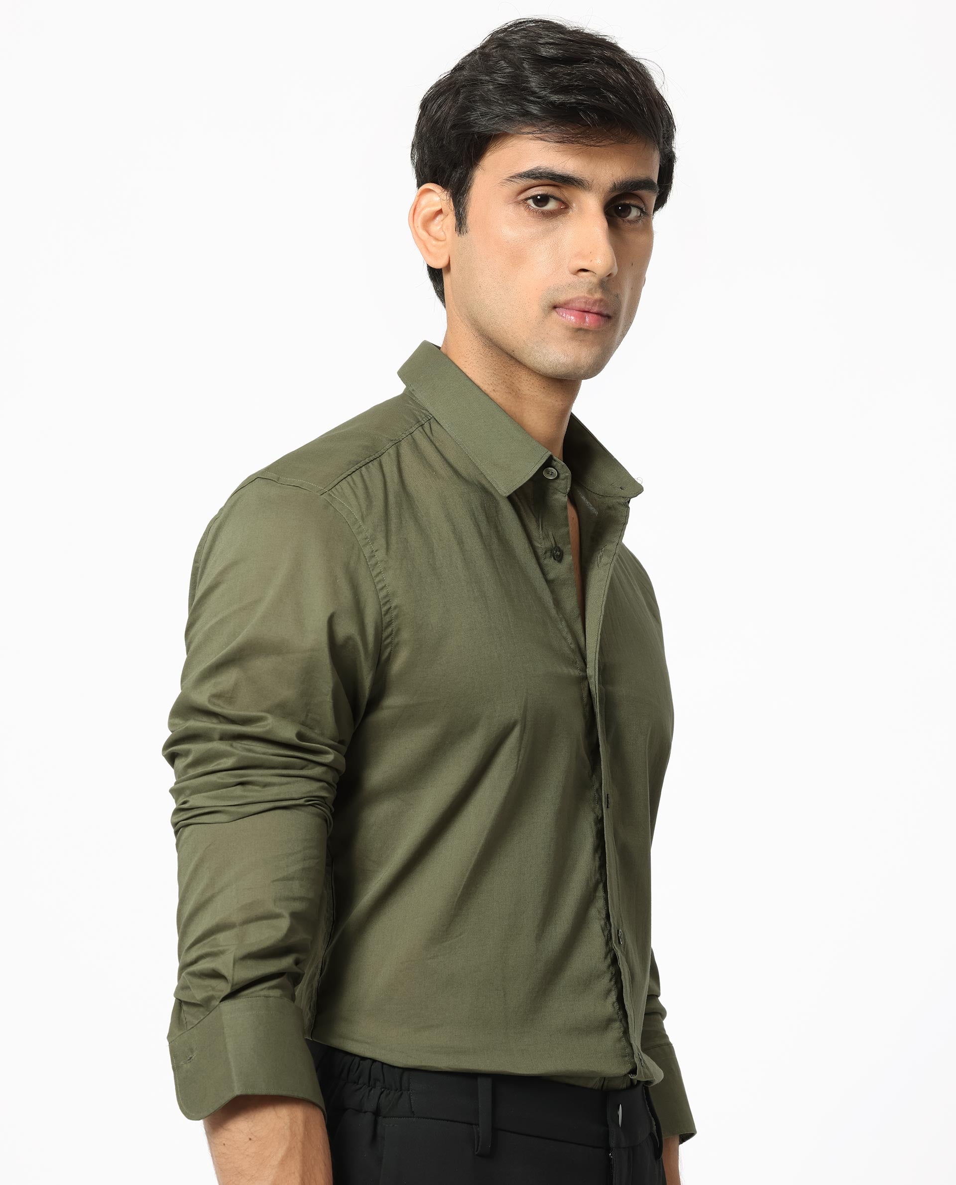 Rare Rabbit Men's Flees Olive Cotton Fabric Full Sleeves Solid Shirt