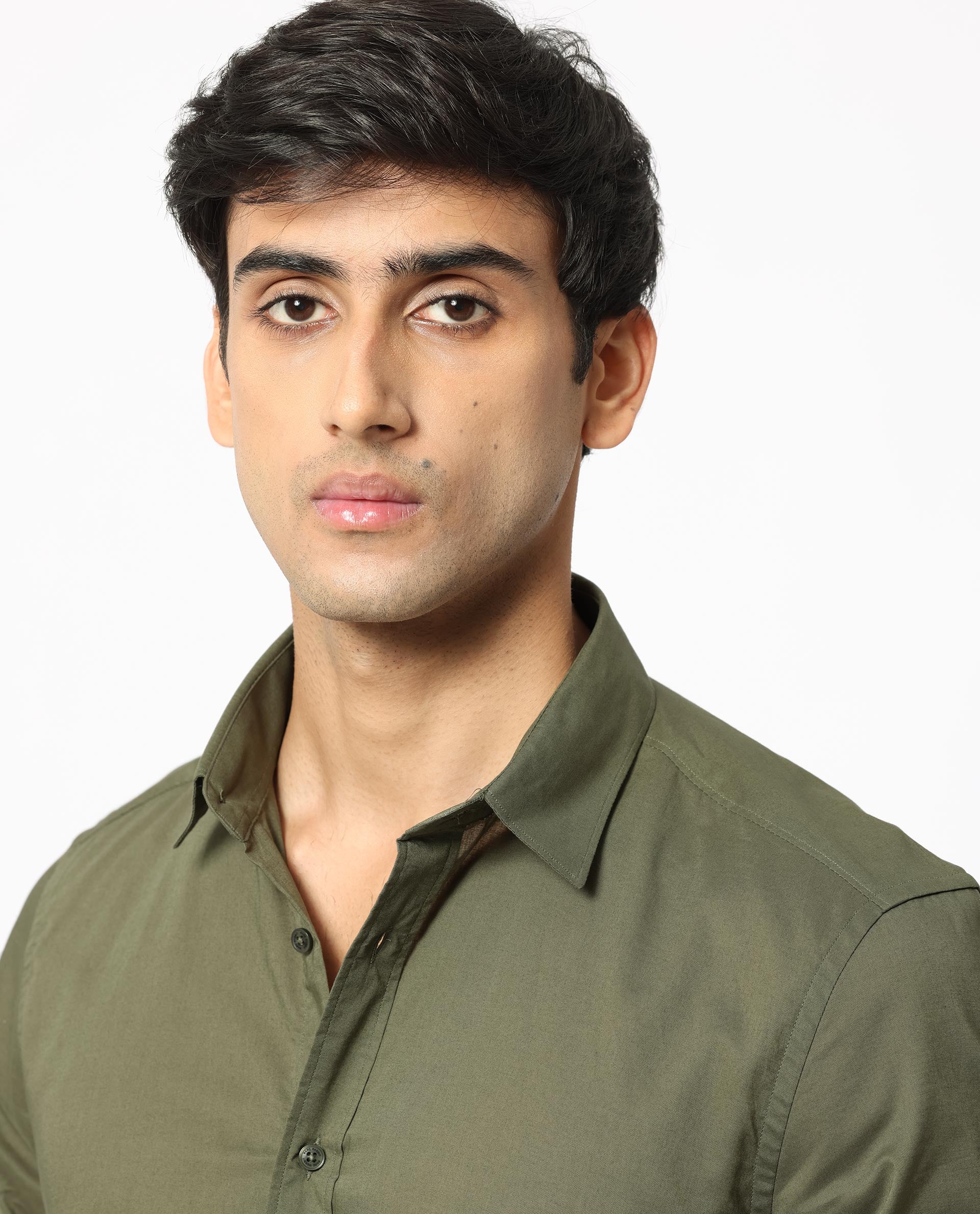 Rare Rabbit Men's Flees Olive Cotton Fabric Full Sleeves Solid Shirt