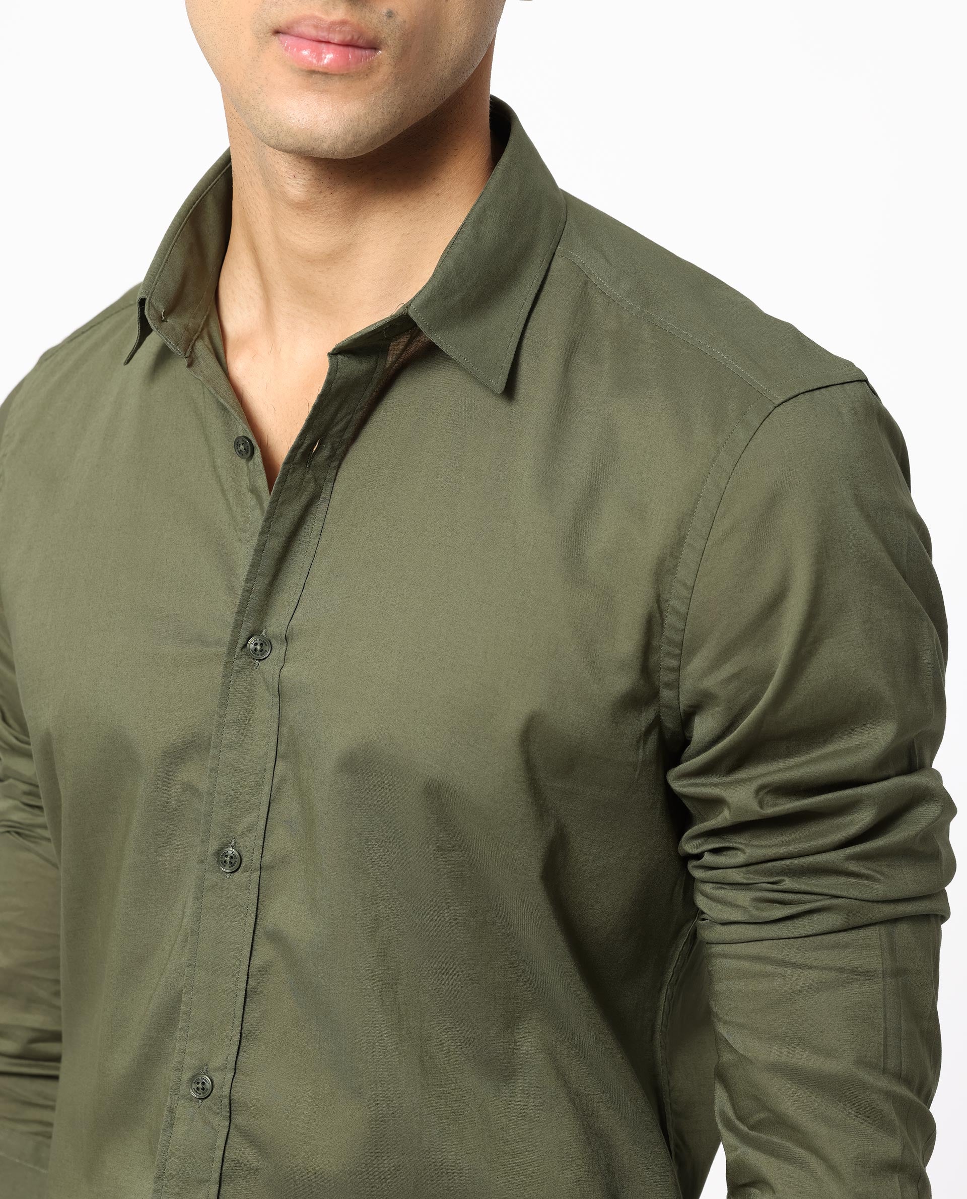 Rare Rabbit Men's Flees Olive Cotton Fabric Full Sleeves Solid Shirt
